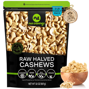 NUT CRAVINGS - Raw Cashew Halves & Pieces, Unsalted, Shelled, (32oz - 2 LB) Bulk Nuts Packed Fresh in Resealable Bag - Kosher He