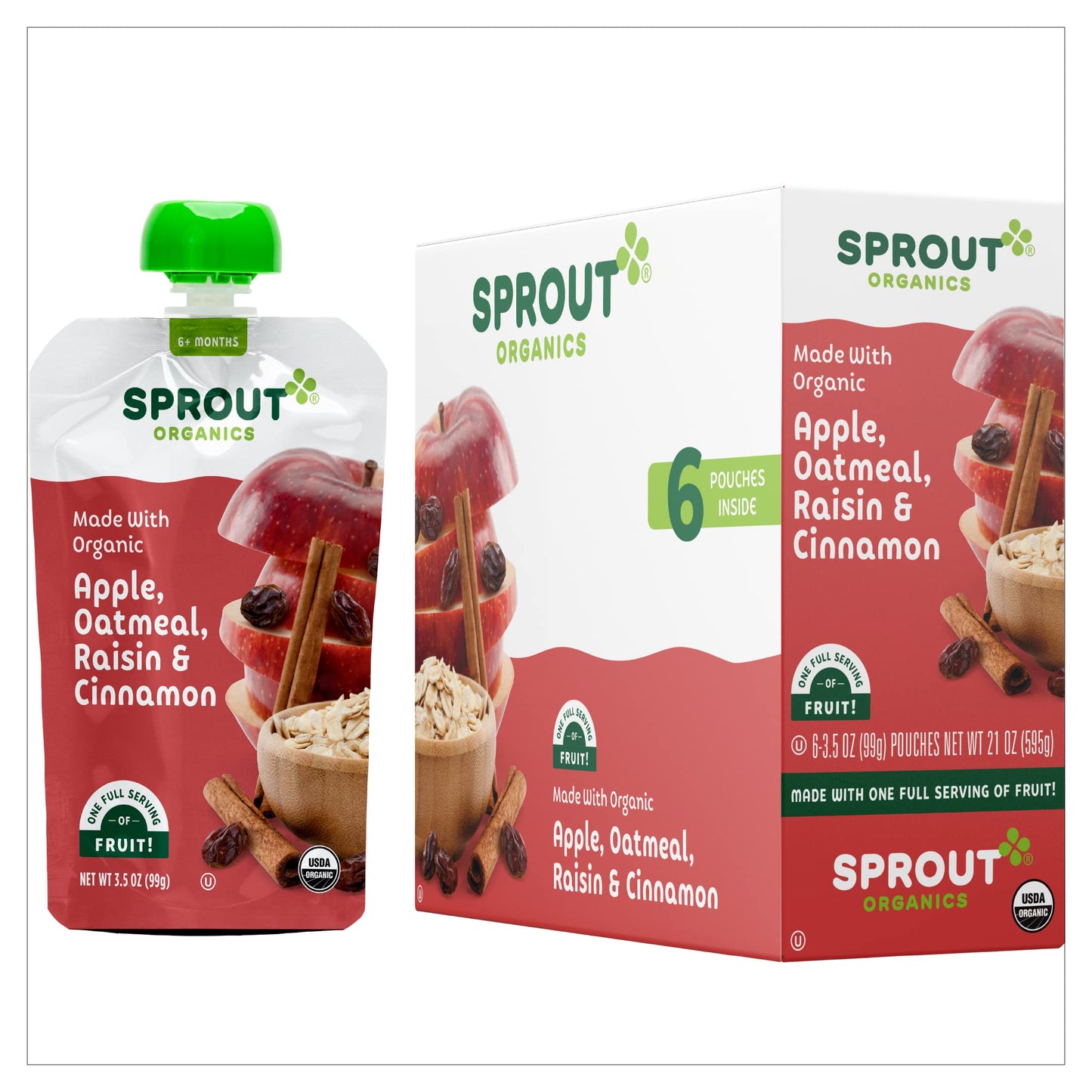 Sprout Organic Baby Food, Stage 2 Pouches, Apple Oatmeal Raisin With Cinnamon, 3.5 Oz Purees (Pack Of 12)