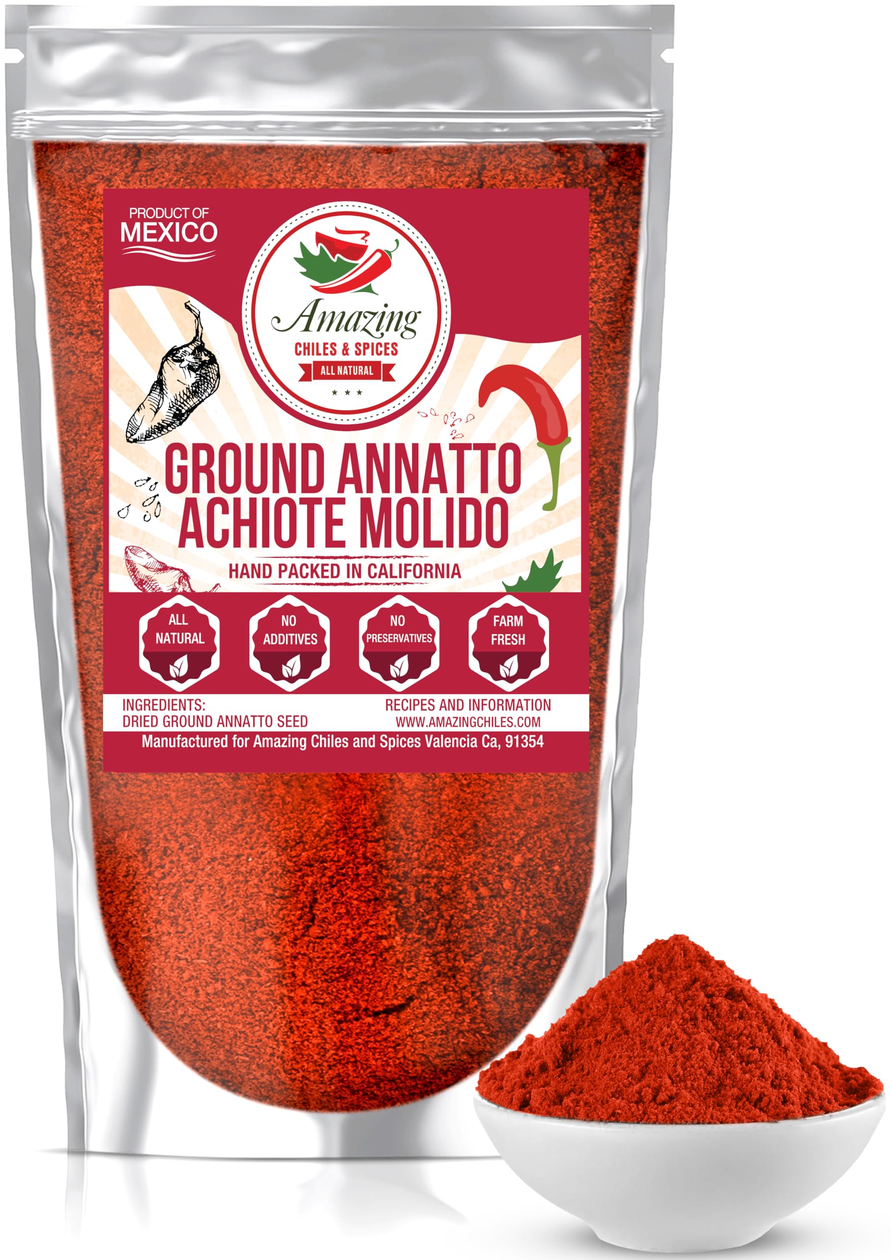Amazing Chiles & Spices Achiote Powder - Ground Annatto Seeds, 4 oz, Ideal for Soups, Stews, Meats, and Mexican Recipes