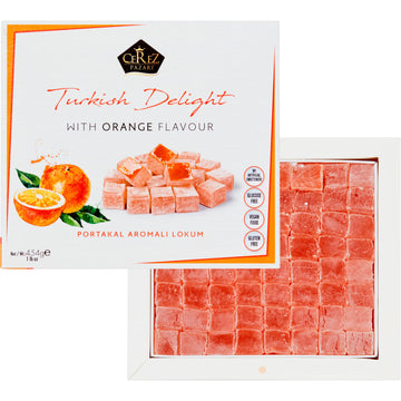 Cerez Pazari Turkish Delight With Orange Flavor 454 Gr Gourmet Medium Size Snacks Gift Box | No Nuts Sweet Luxury Traditional Co