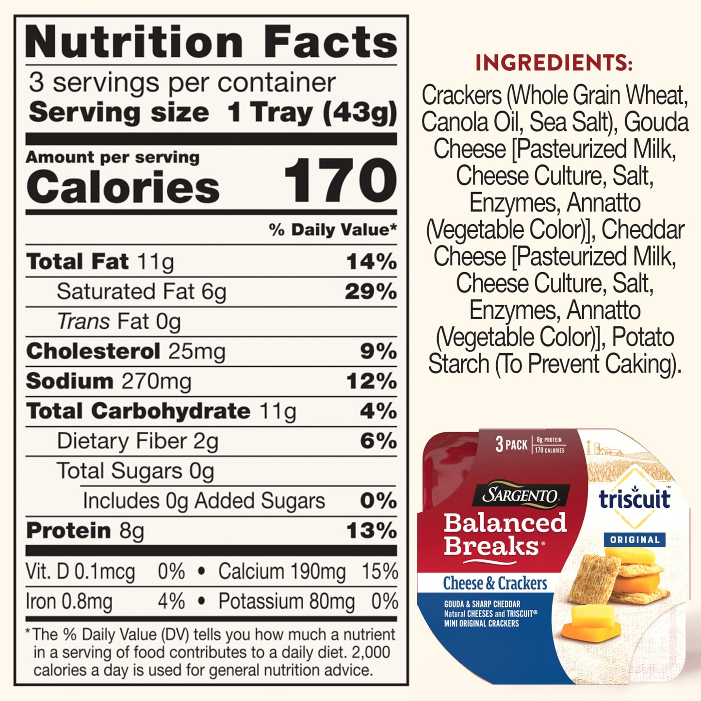 Sargento Balanced Breaks Cheese & Crackers, Natural Gouda & Sharp Cheddar Cheeses and TRISCUIT Mini Original Crackers Snack Kit,