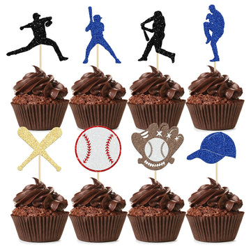 24Pcs Baseball Cupcake Toppers Glitter Baseball Players Sports Theme Cupcake Picks Baseball Sport Theme Baby Shower Kids Birthda