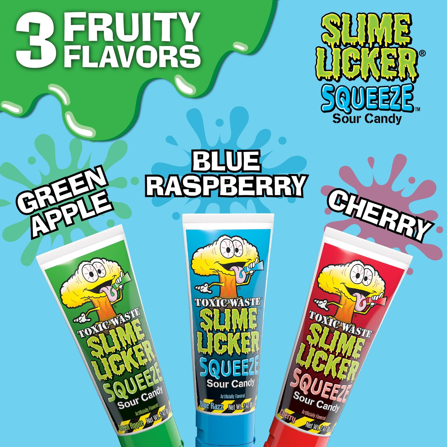 TOXIC WASTE - Slime Licker Squeeze - Sour Squeeze Slime Candy - Green Apple, Blue Razz, & Cherry Flavors - 2.47 oz. Tubes - 3 Pa