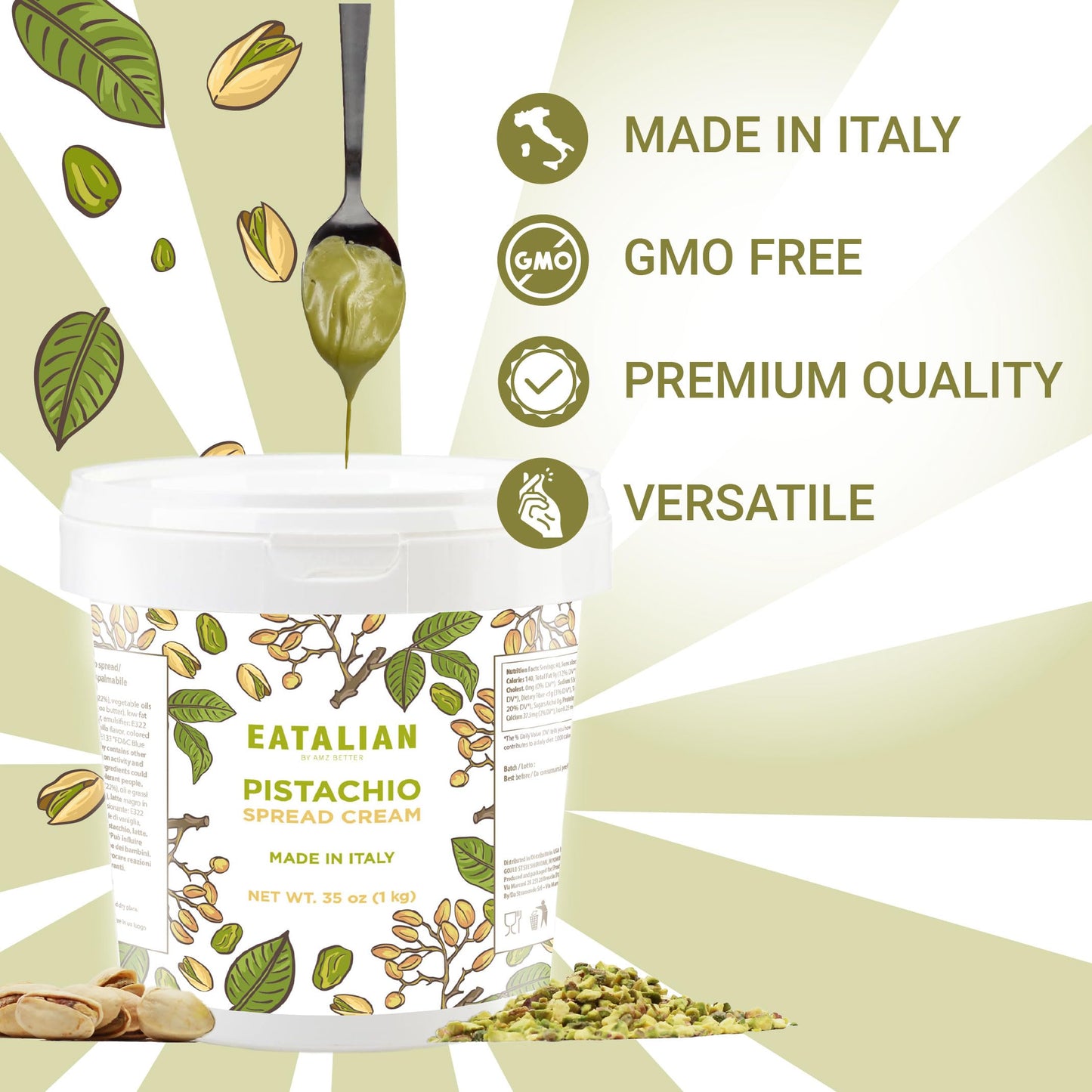 EATALIAN by AMZ BETTER Pistachio Cream, 35,27oz/1000 g, Delicious Spreadable with a Sweet and Unique Taste, Ideal on Bread and w