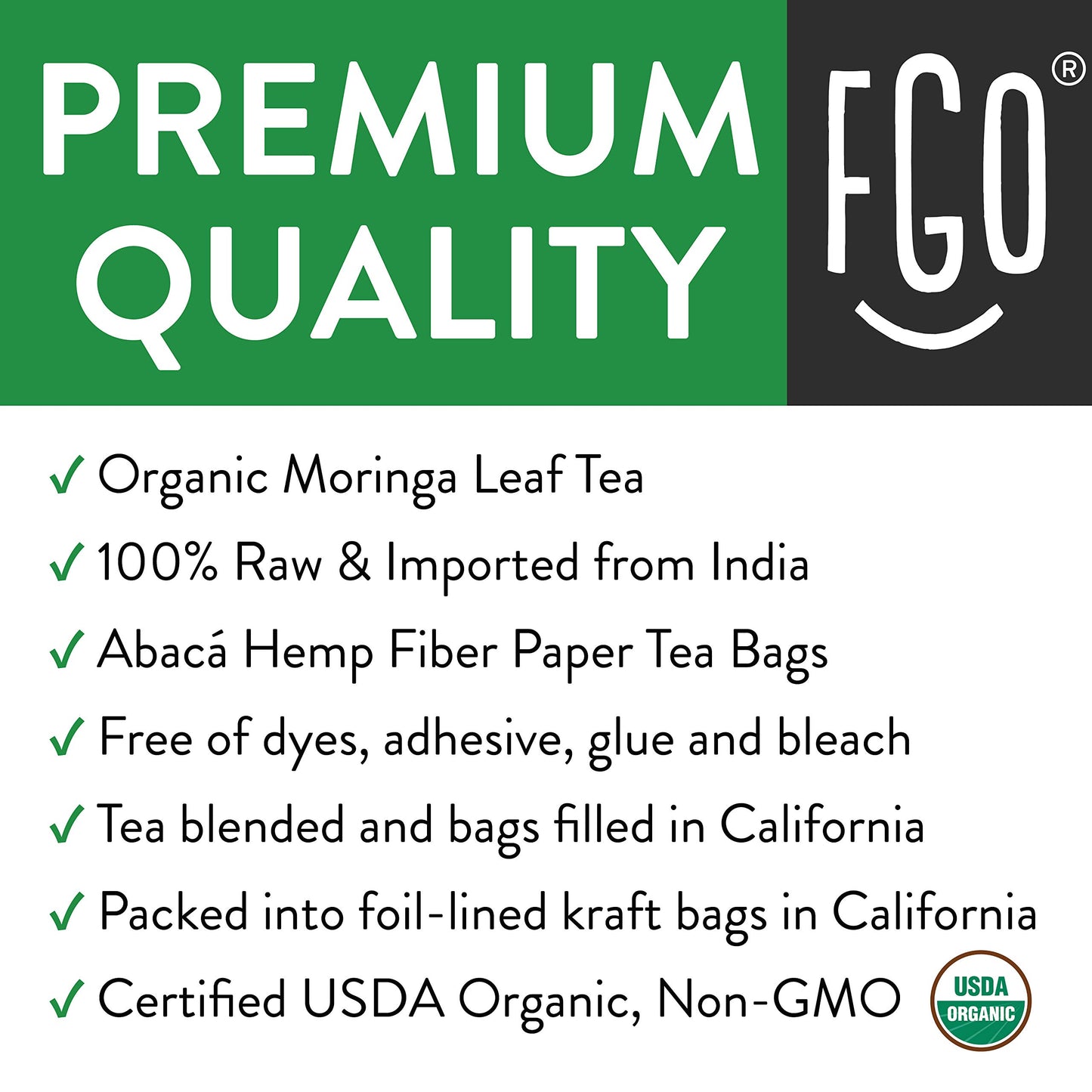 FGO Organic Moringa Tea Bags | Eco-Conscious Kraft Bag | 100 Count | Raw from India