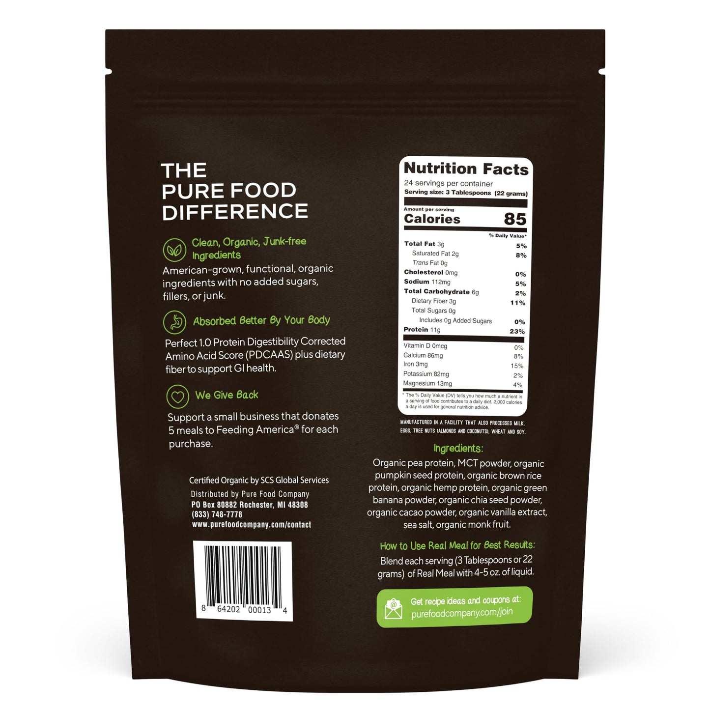 Pure Food Vegan Protein Powder - Organic, Gluten-Free, Low-Carb, High-Fiber, 530g Raw Cacao (Chocolate) Flavor
