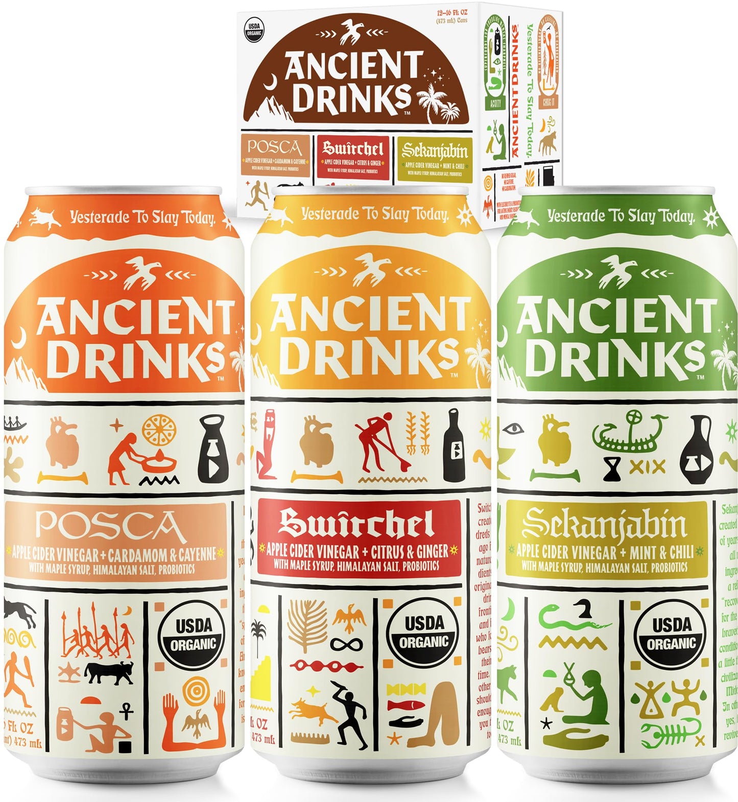 ANCIENT DRINKS Apple Cider Vinegar Beverage, Electrolytes & Probiotics, Organic Sports Drink, Mixed Pack - 16 fl oz (12 cans)