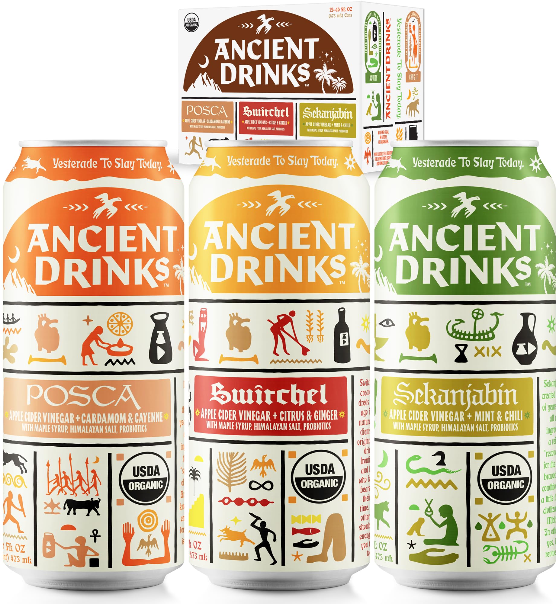 ANCIENT DRINKS Apple Cider Vinegar Beverage, Electrolytes & Probiotics, Organic Sports Drink, Mixed Pack - 16 fl oz (12 cans)