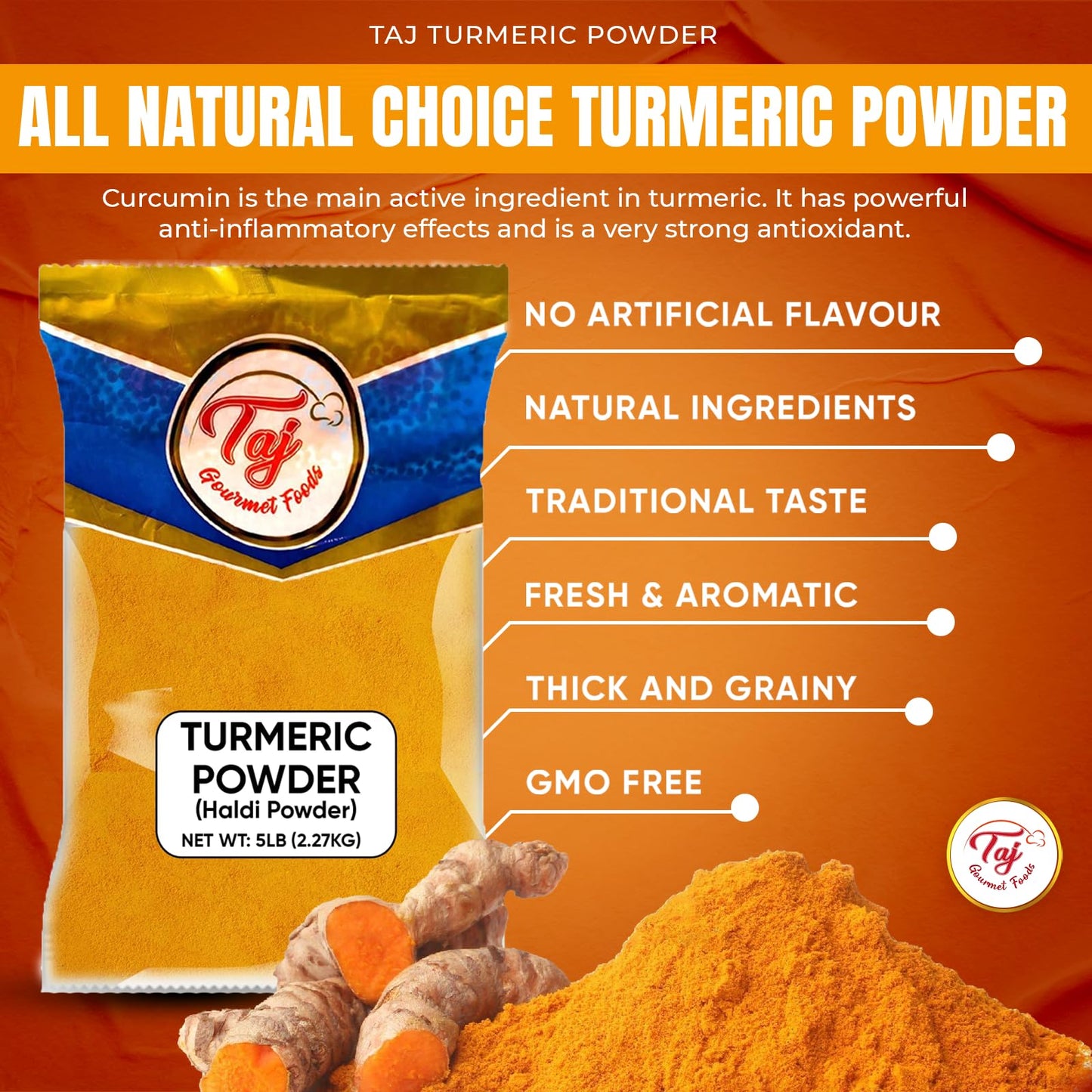 Taj Premium Indian Turmeric Haldi Powder, Curcumin Ground, (5-Pounds Jar) Bulk Packaging