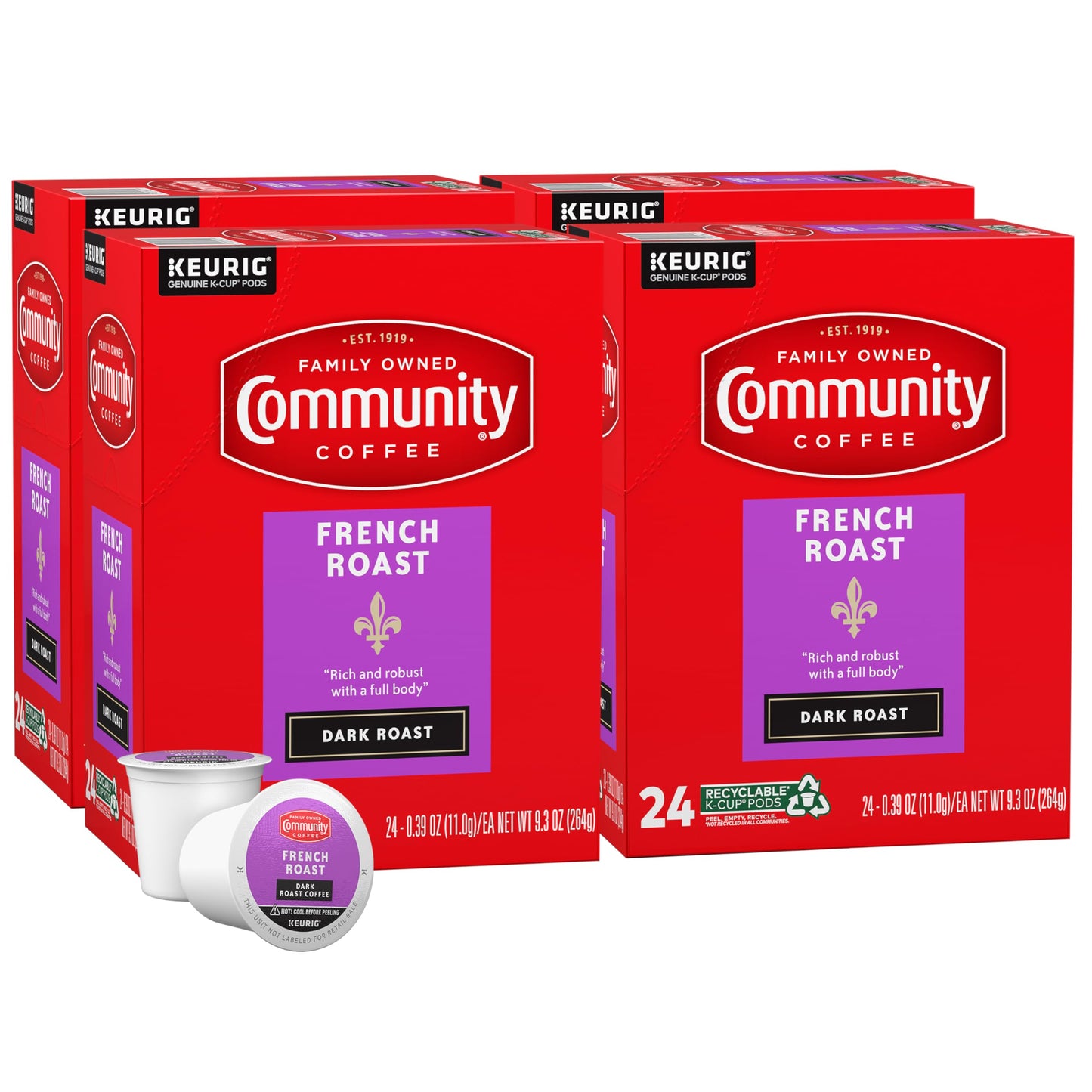 Community Coffee French Roast Coffee Pods, Extra Dark Roast, Compatible with Keurig 2.0, 96 Count (24 Count, Pack of 4)