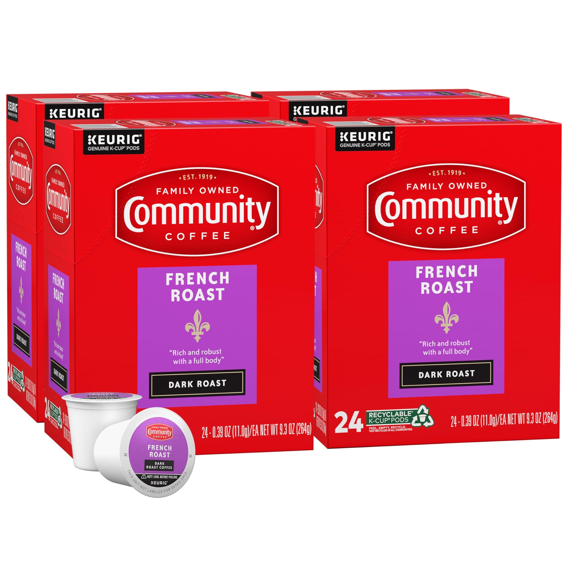 Community Coffee French Roast Coffee Pods, Extra Dark Roast, Compatible with Keurig 2.0, 96 Count (24 Count, Pack of 4)