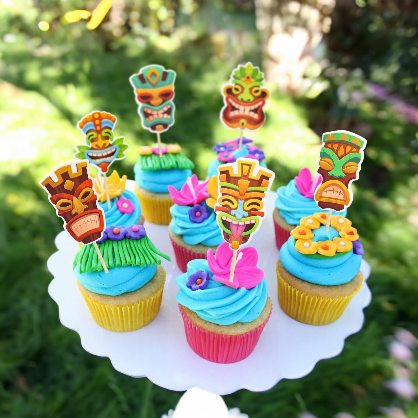 Gyufise 36Pcs Tiki Tribal Masks Cupcake Toppers Hawaiian Tropical Tiki Totem Cupcake Picks Summer Hawaiian Aloha Tropical Birthd