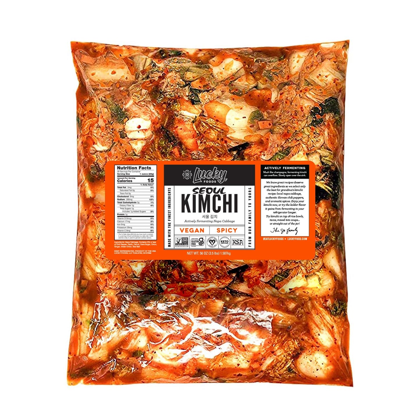 Lucky Foods Seoul Vegan Spicy Kimchi, (56oz / 3.5 lbs), Authentic Korean Premium Fermented Napa Cabbage Kimchi (VEGAN, SPICY, Ma