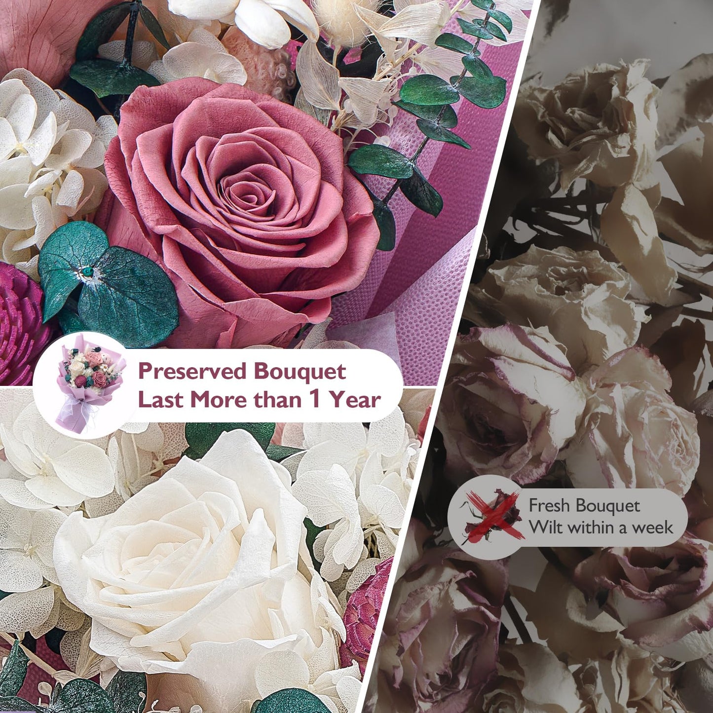 Polylove Forever Flower Bouquet Purple Flower Bouquet Preserved Roses With Bear Gift Box For Wife Mother Valentines Day Mothers