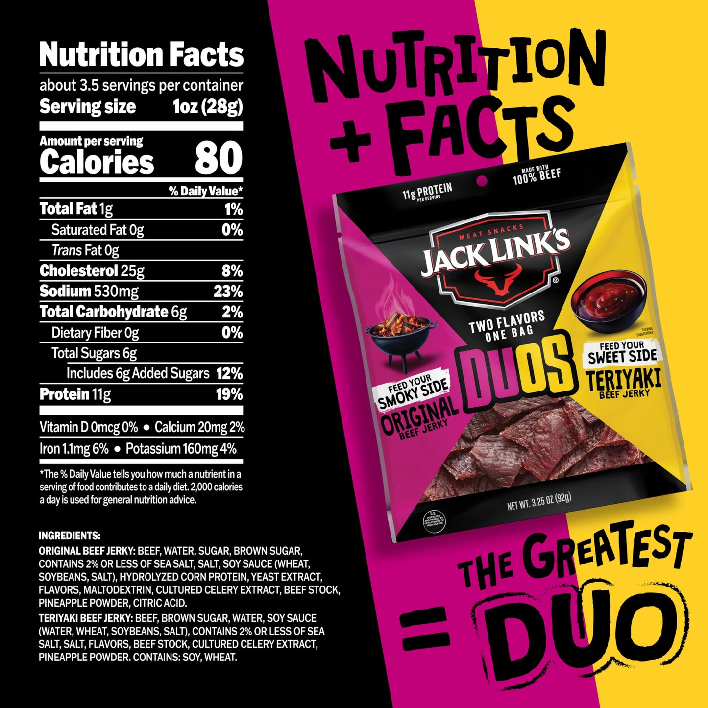 Jack Link s DUOs Original and Teriyaki Beef Jerky  Shareable Under 100 Calories Snack Packs with 11g of Protein  Great Stocking Stuffers  Bulk Pack of Individual Bags of Meat Snacks - 3.25oz (4 Count)