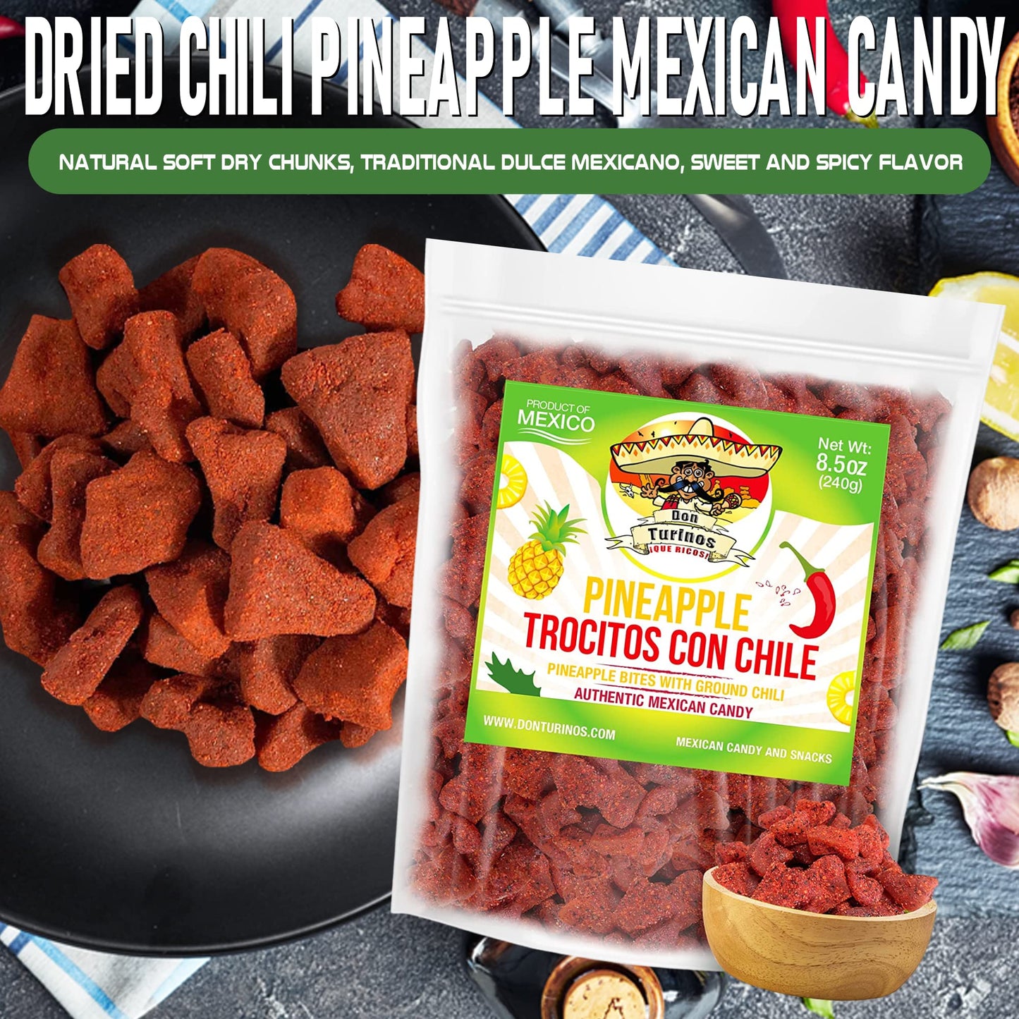 Dried Chili Pineapple Mexican Candy, 8.5 Oz, Natural Soft Dry Chunks, Traditional Dulce Mexicano, Sweet And Spicy Flavor, By Don
