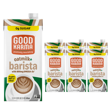 Good Karma Unsweetened Oatmilk + Barista Blend, 32 Ounce (Pack of 6), 800mg Omega -3s, Plant-Based Non-Dairy Milk Creamer Altern
