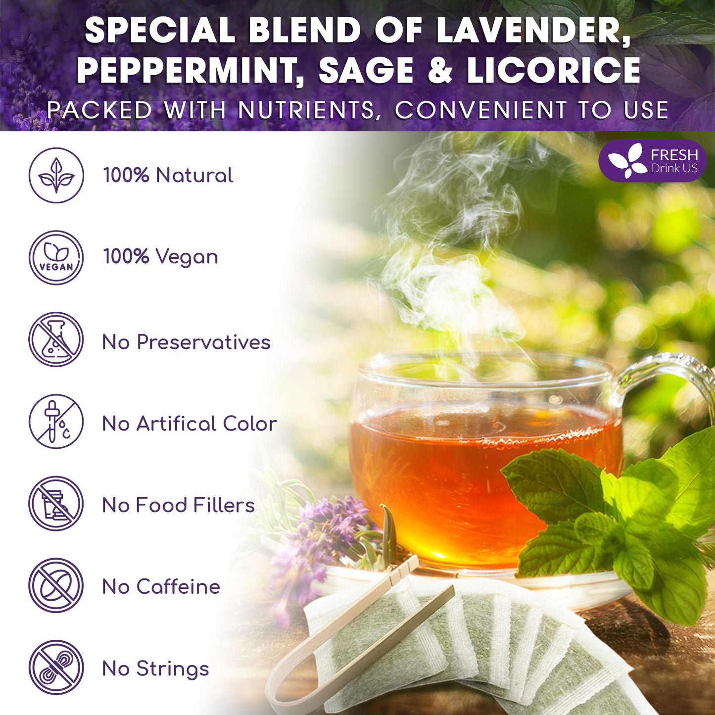 FRESHDRINKUS Lavender Mint Tea Bags, 100% Natural, 55 Count, Vegan, No Sugar, No Caffeine