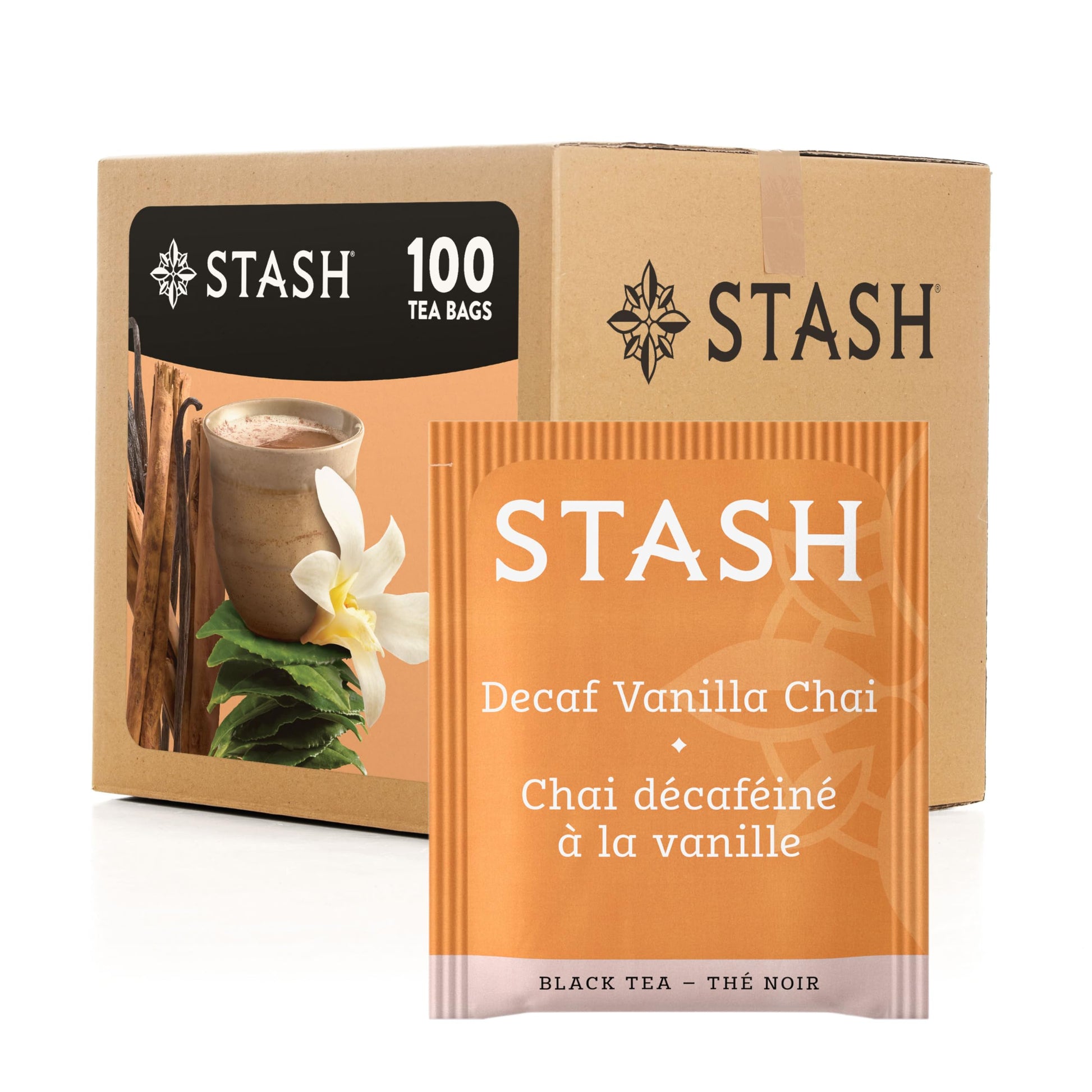 Stash Tea Decaf Vanilla Chai Black Tea  Box of 100 Tea Bags