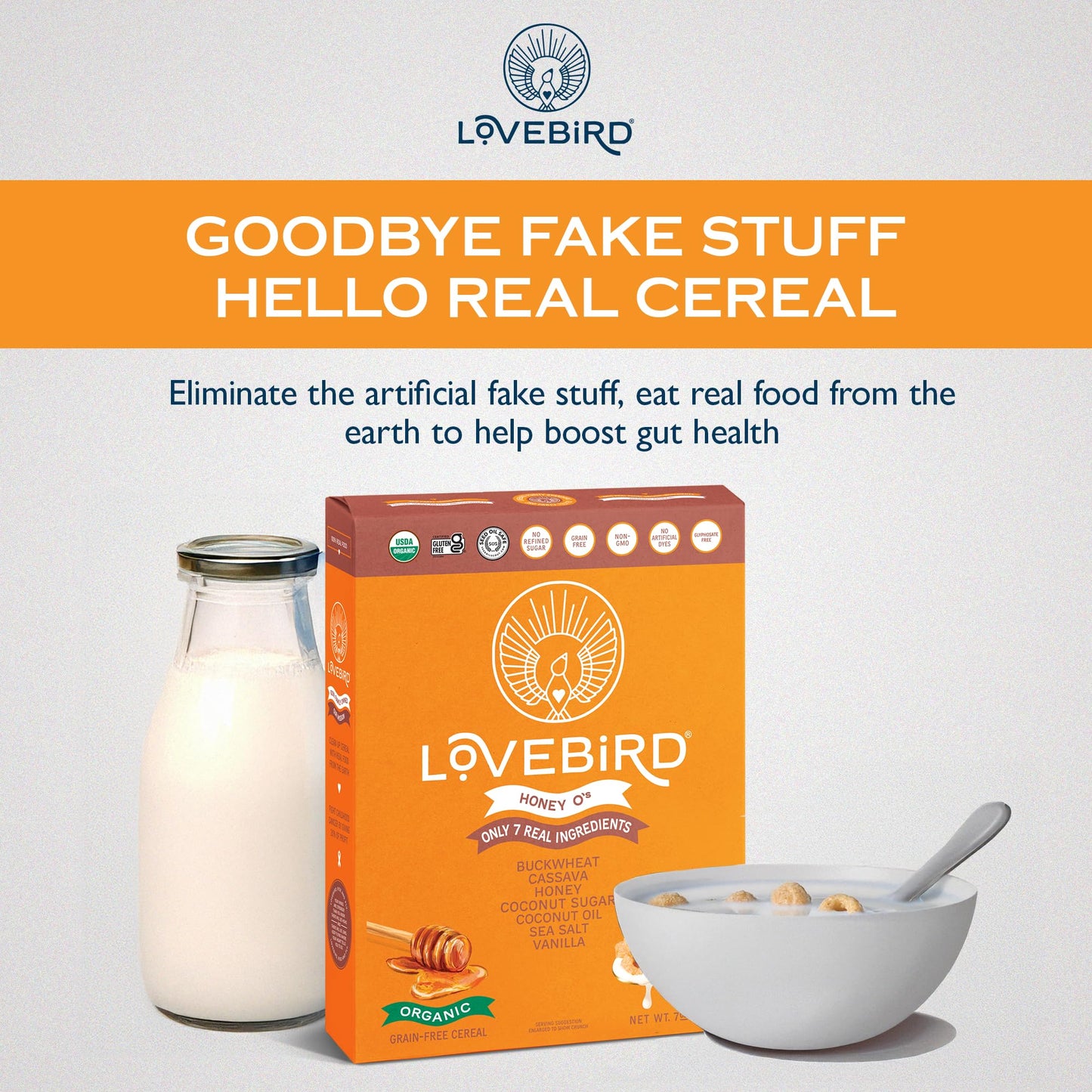 Lovebird Organic Gluten Free Cereal, Honey Flavor - Prebiotic Fiber, Gut Health, Low Sugar, Grain Free, Breakfast or Snack - Hea