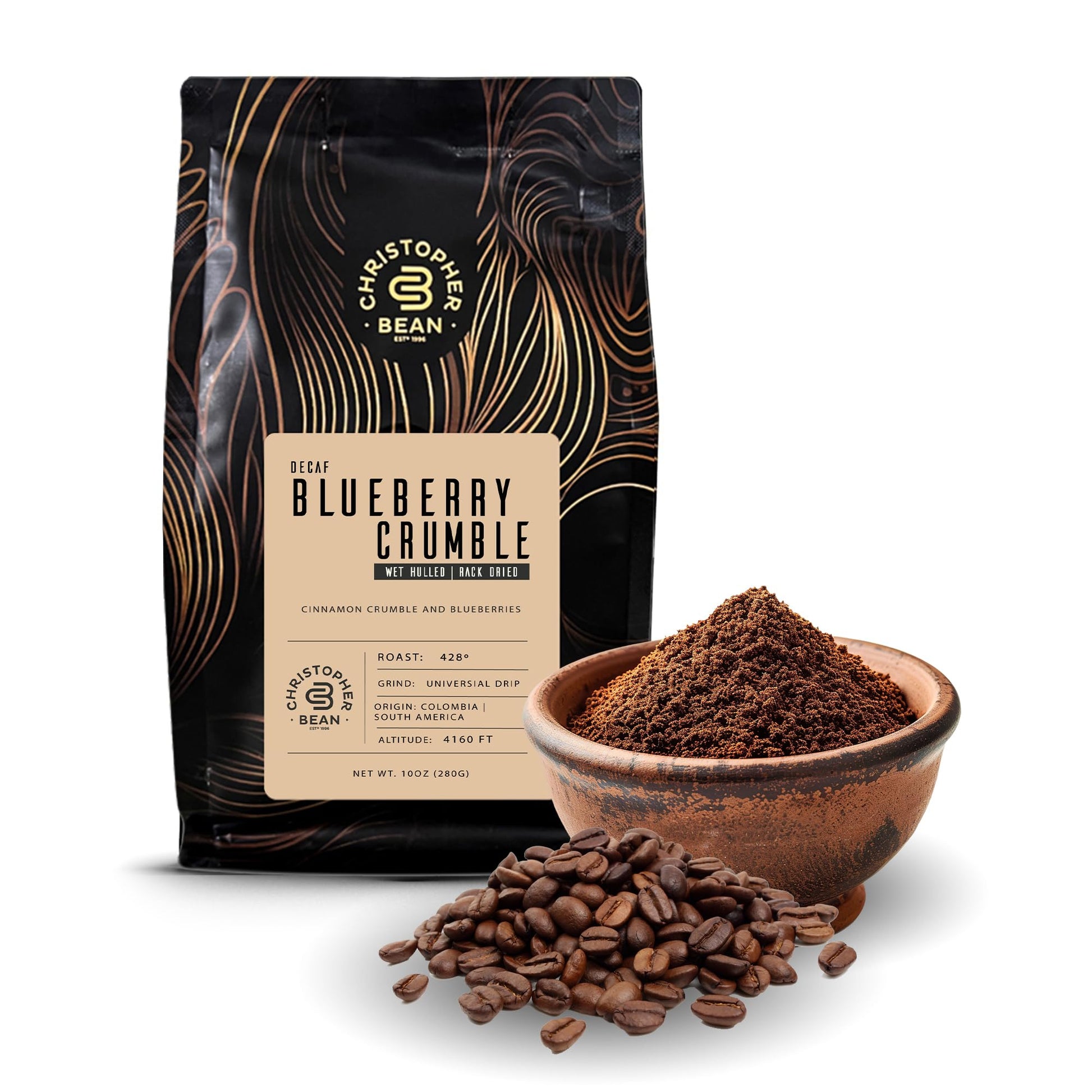 Christopher Bean Coffee - Certified Kosher - Decaf Ground Universal Drip Blueberry Crumble Flavored Coffee| Flavored Coffee with Medium Roast 100% Arabica, No Sugar, No Fats, Non-GMO | 10-Ounce