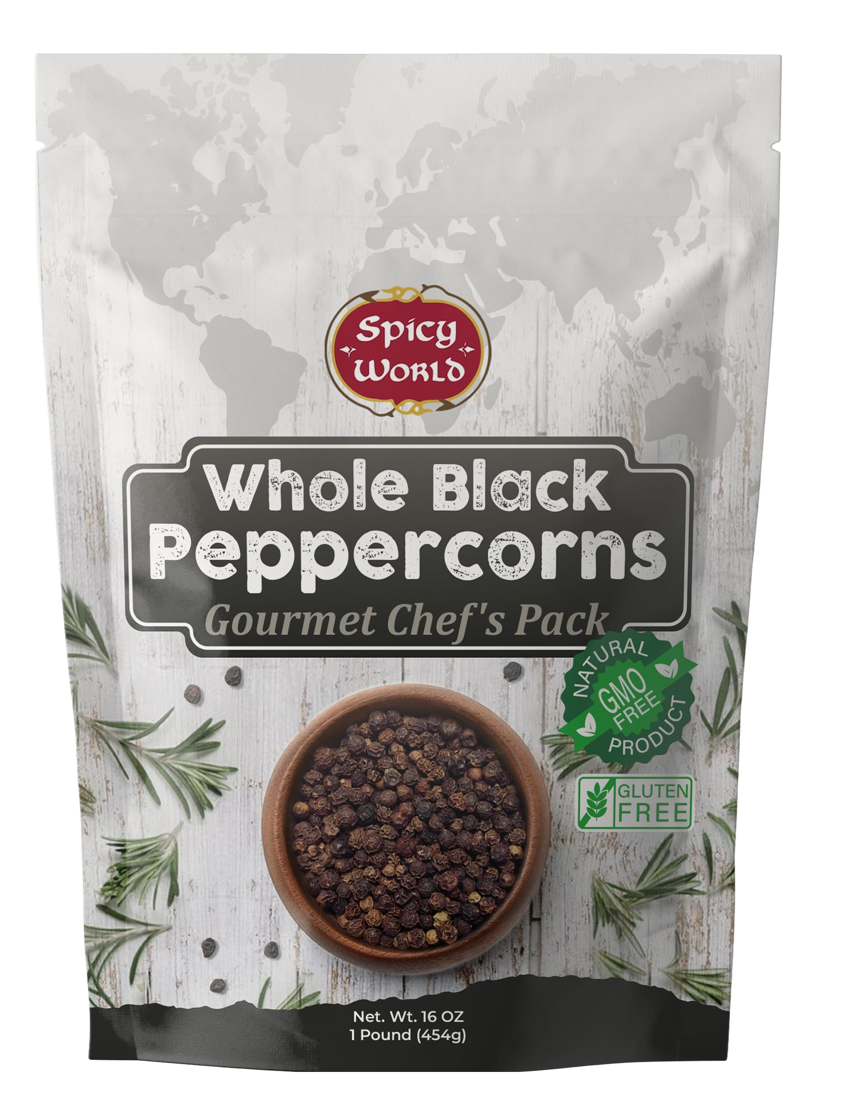 Spicy World Black Peppercorns Whole - Non-GMO, Steam Sterilized, 1 Pound