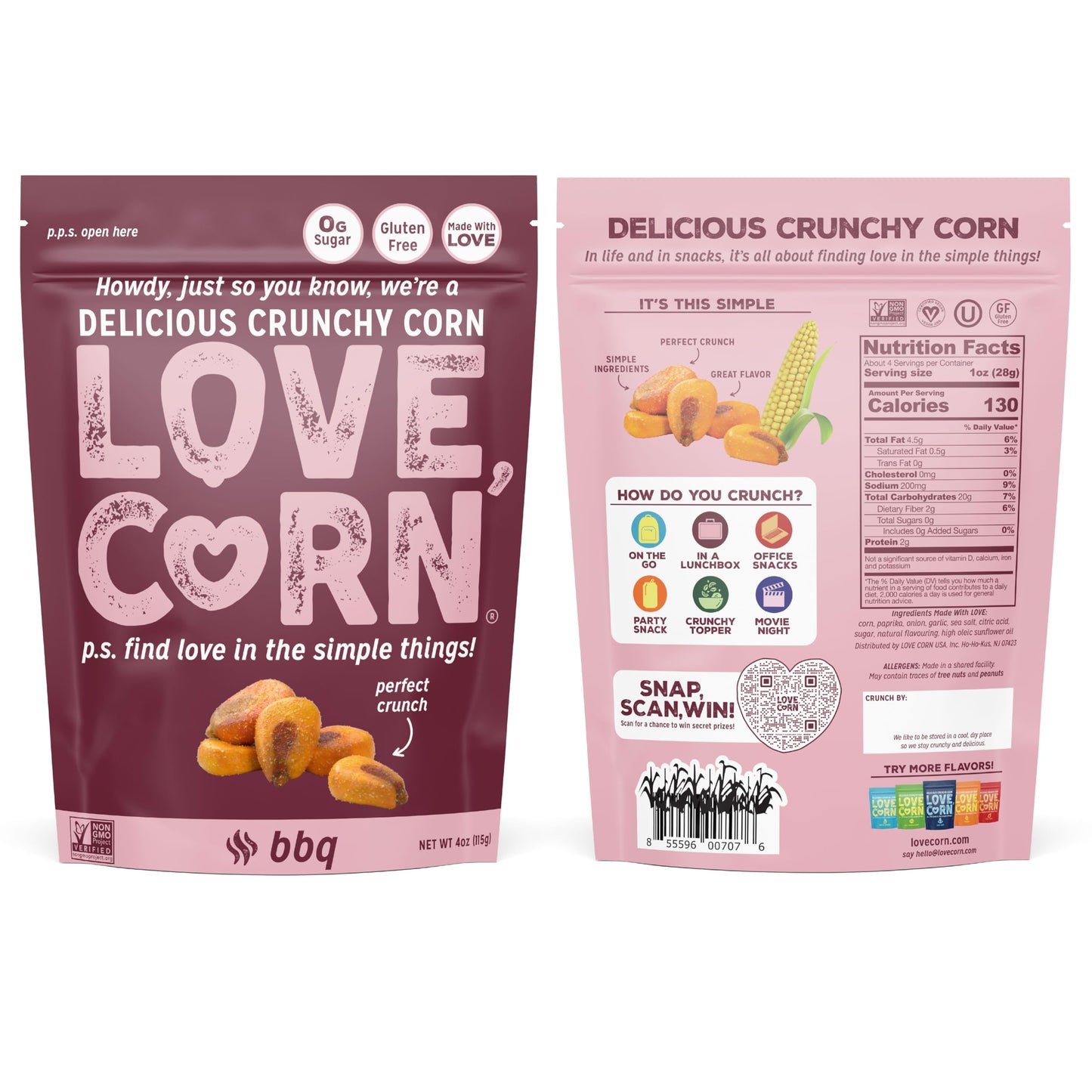 Love Corn Bbq 4Oz X 1 Bag - Delicious Crunchy Corn - Healthy Family Snacks - Gluten Free, Kosher, Non-Gmo - Alternative For Chip