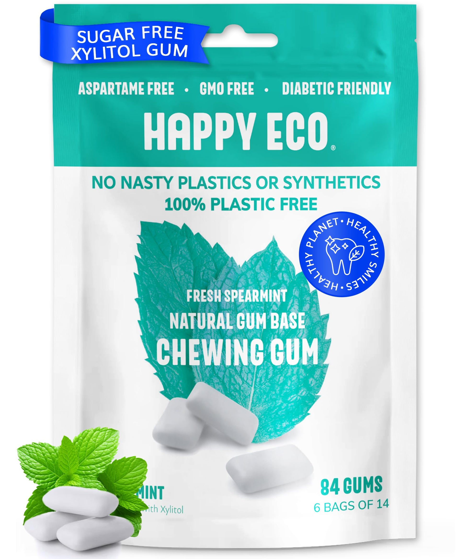 Sugar Free Natural Chewing Gum (84 Pcs) - Xylitol Gum With Stevia - Aspartame Free - All Natural Gum - Vegan, Gluten Free Keto - Spearmint