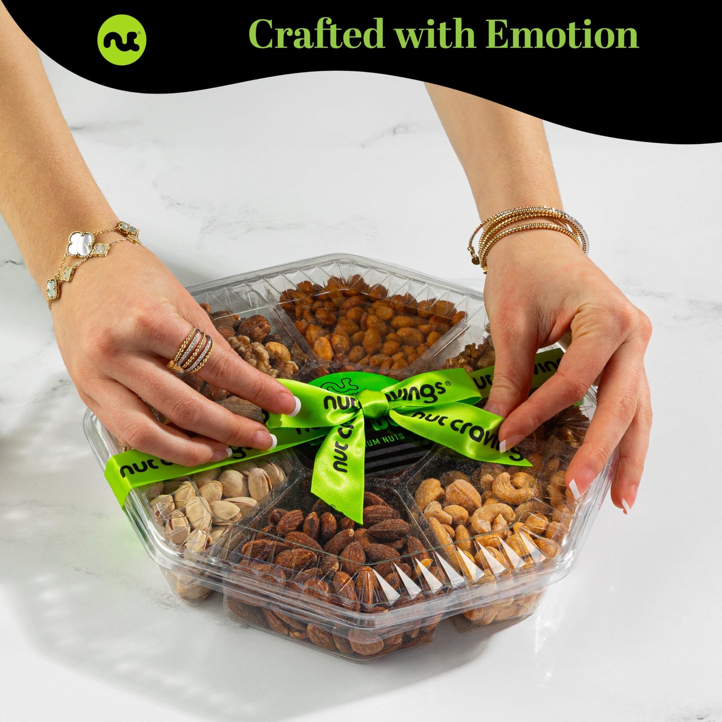 Nut Cravings Gourmet Collection - Rosh Hashana & Shana Tova Mixed Nuts Gift Basket + Green Ribbon (7 Assortments, 2.2 Lb) Arrang