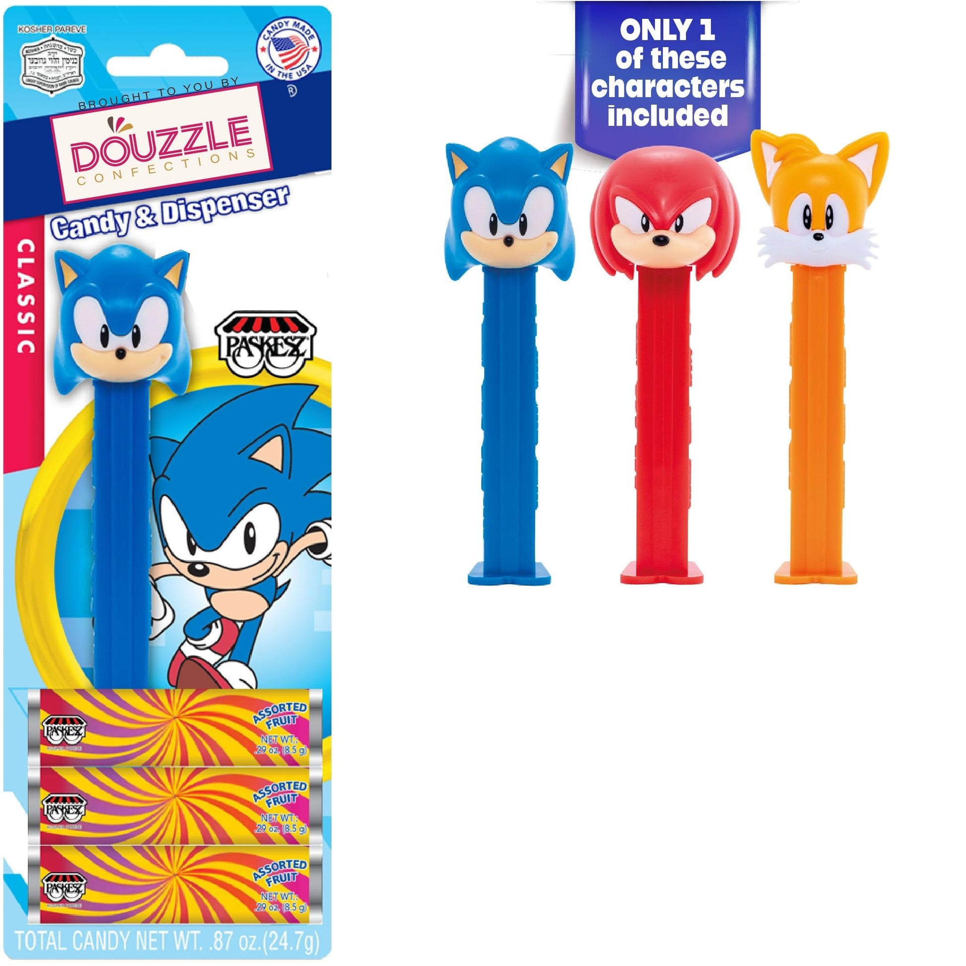 DOUzzle Kosher Pez Candy & Sonic the Hedgehog Dispenser + 3 Assorted Fruit Refills (Pack of 1) Gluten Free, Kosher Parve, USA Ma