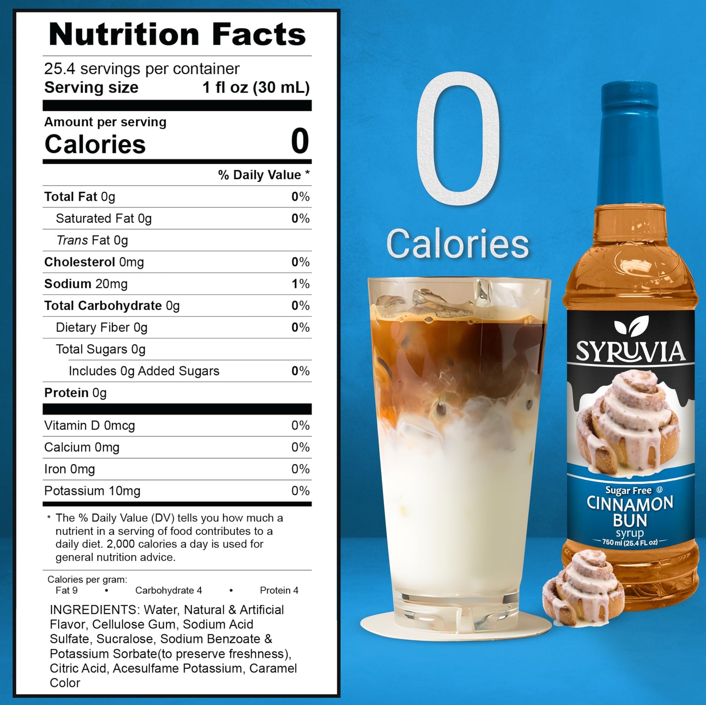 Syruvia Sugar-Free Cinnamon Bun Coffee Syrup - 25.4 fl oz Premium Coffee Flavoring Syrup - 0 Calorie-Kosher Coffee Syrups, Glute