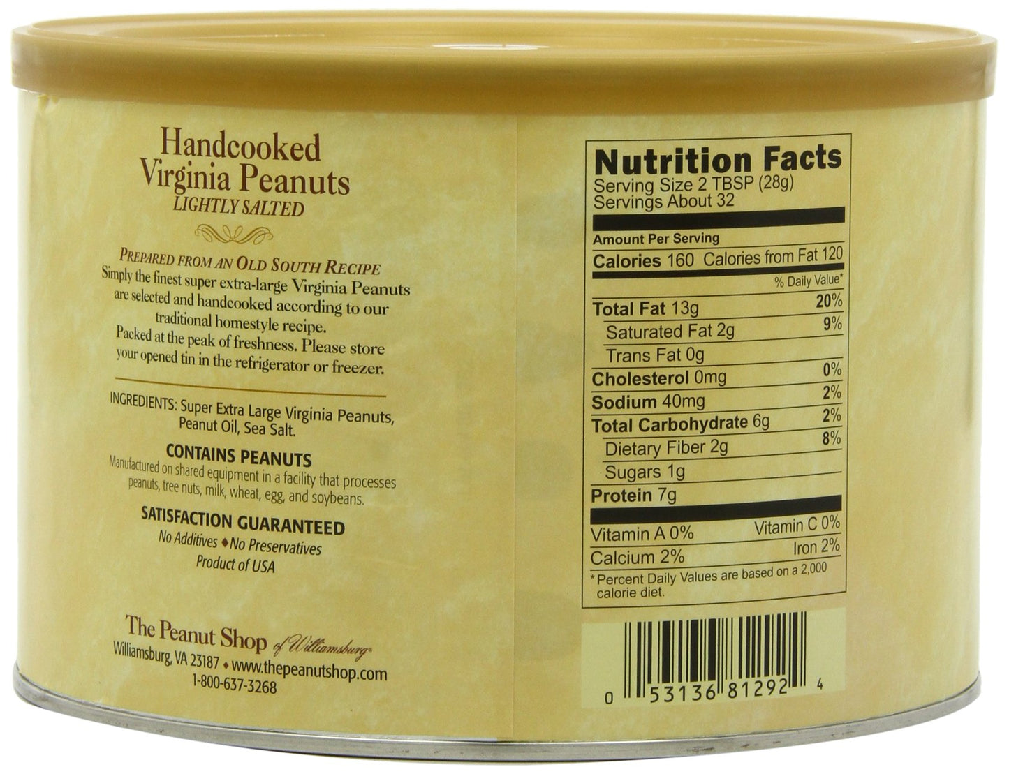 The Peanut Shop of Williamsburg Handcooked Virginia Peanuts, Lightly Salted, 32-Ounce Tins, Pack of 2, Tin