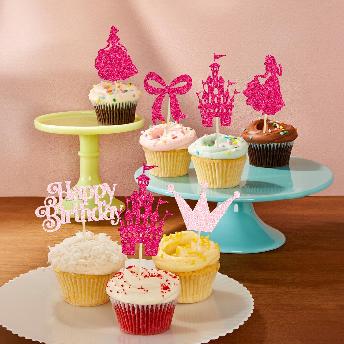 Gyufise 24Pcs Princess Cupcake Toppers Glitter Castle Bowknot Happy Birthday Cake Topper Decorations For Princess Happy Birthday