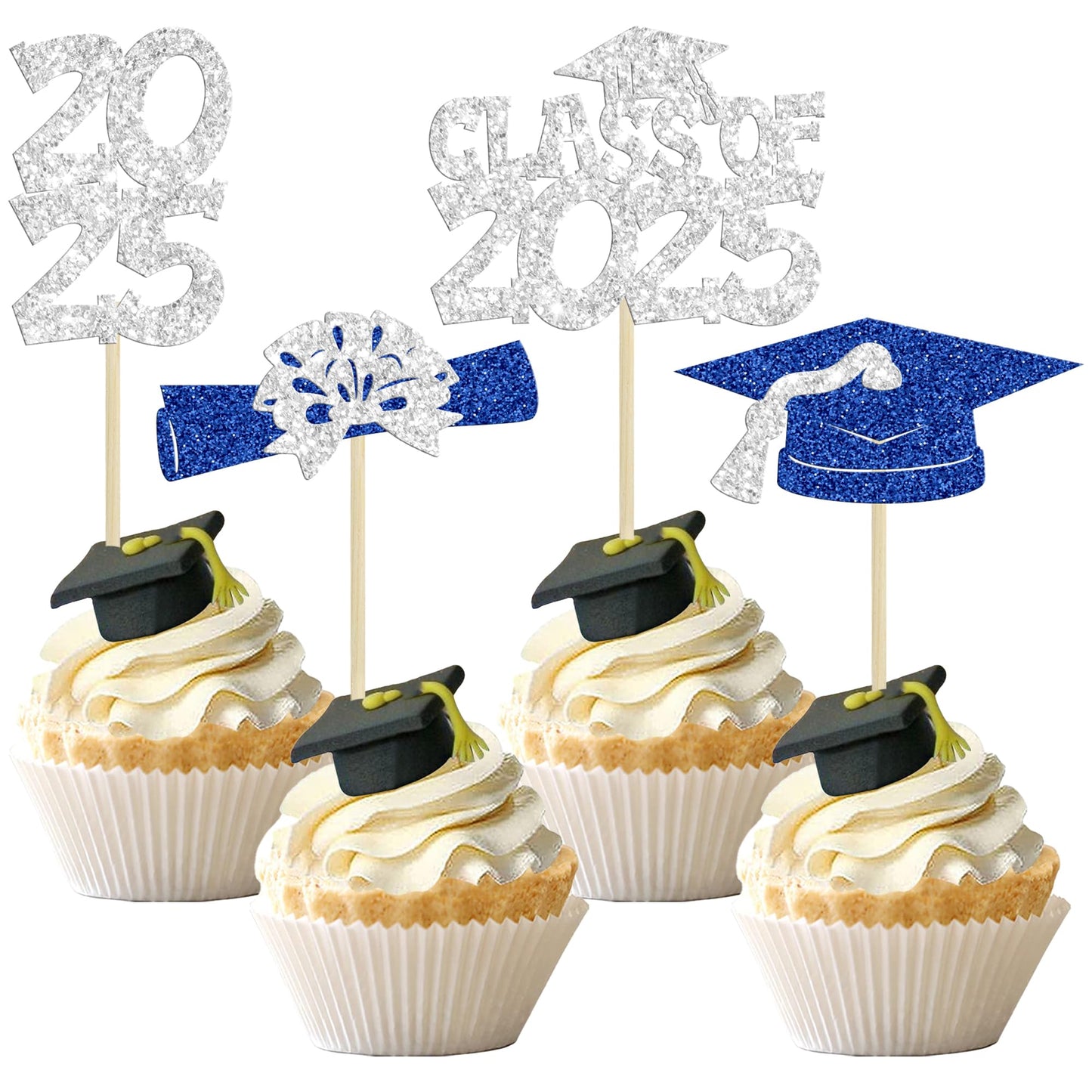 Ephlyn 36Pcs 2025 Graduation Theme Cupcake Toppers Glitter Class Of 2025 Congrats Grad Diploma Graduation Cap Cupcake Picks For 2025 Graduation Theme Party Cake Decorations Supplies Blue Silver