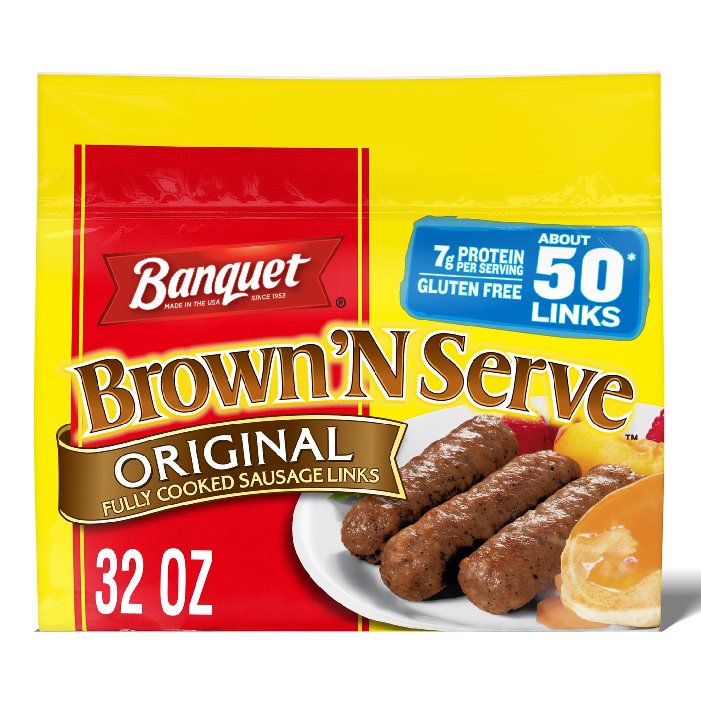 Banquet BrownN Serve Original Fully Cooked Sausage Links, Frozen Breakfast, 32 oz., 50-Count