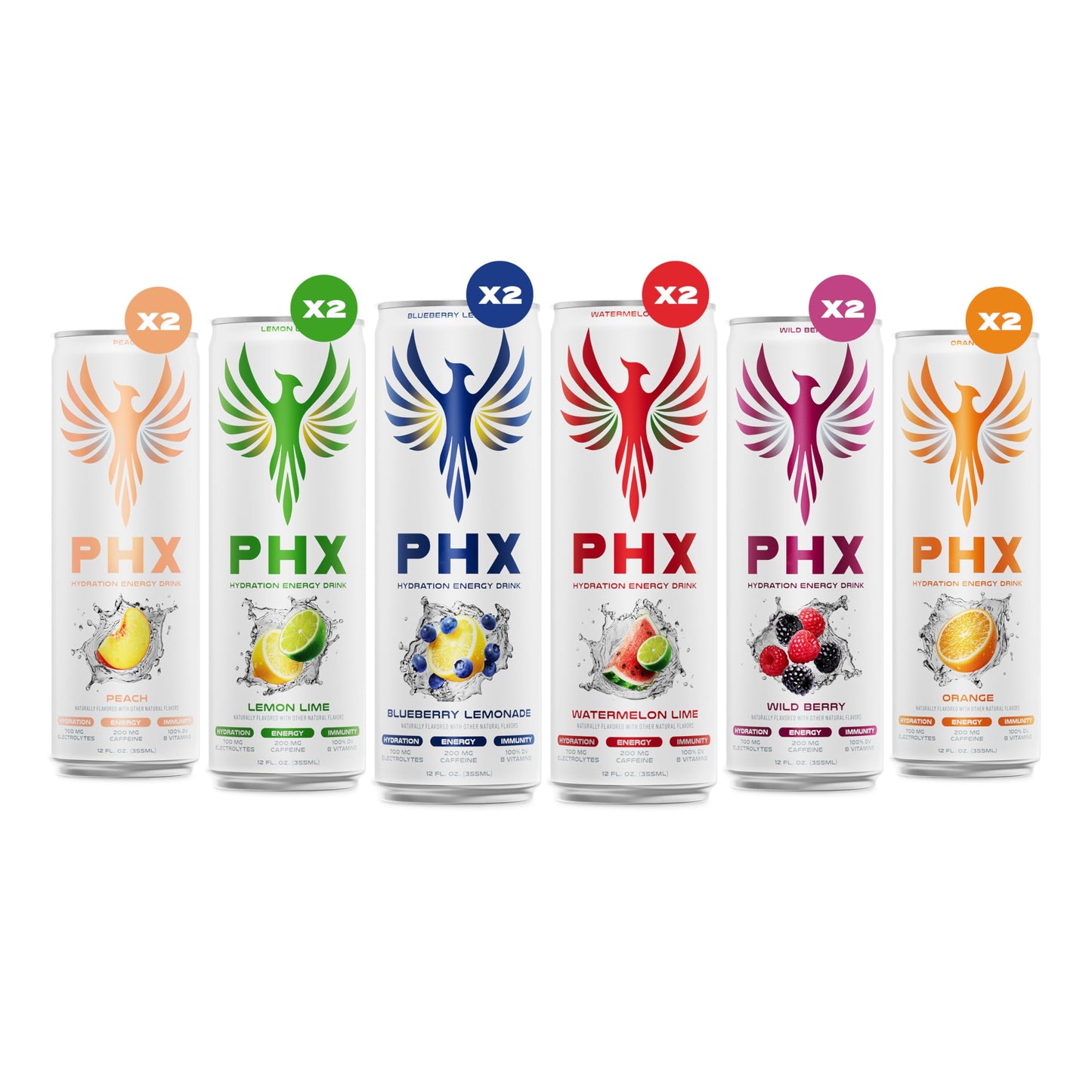 PHX Hydration Energy Drink - 700mg Electrolytes  200mg Natural Green Tea Caffeine  100% Daily Value 8 Essential Vitamins - 12 oz Cans (12 Pack) (12 Pack  Variety Pack)