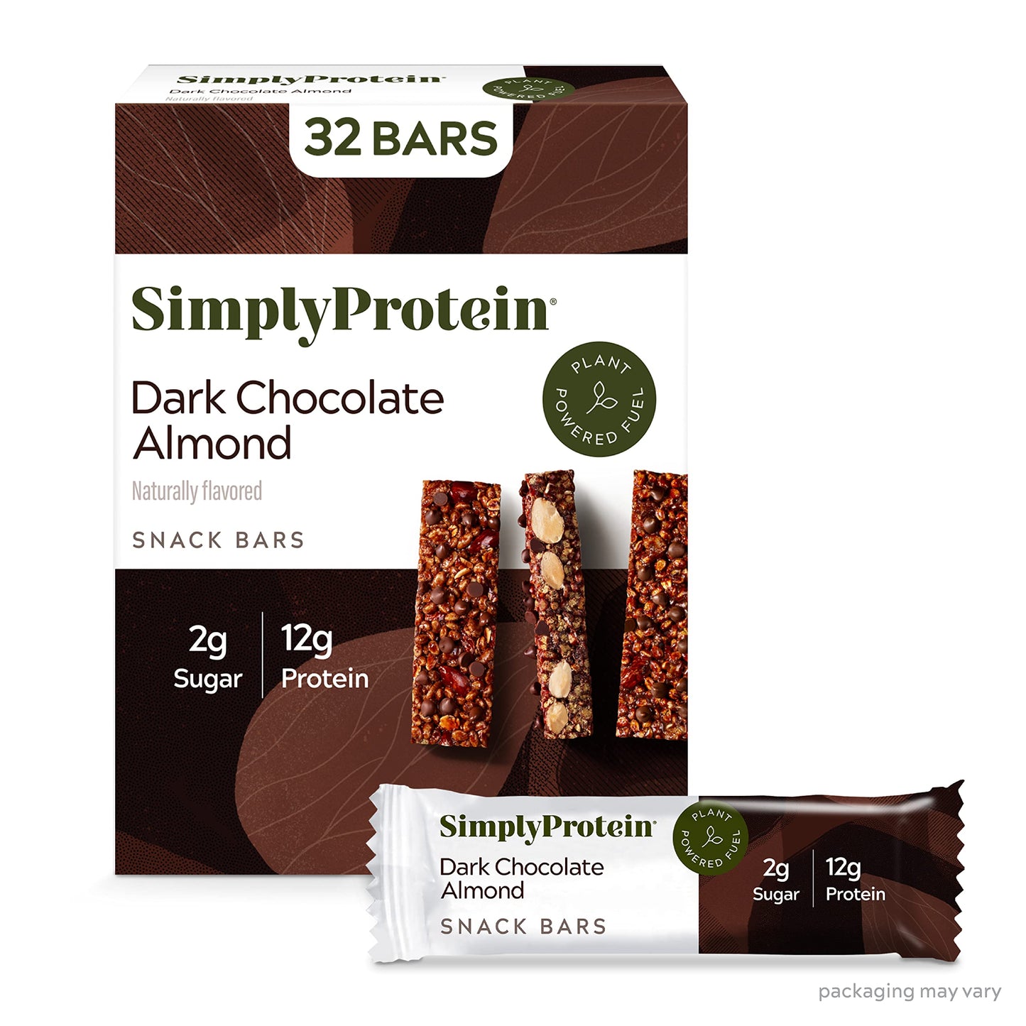 Simply Protein - Dark Chocolate Almond Crispy Bars - Plant Based Protein Bars - Low Carb  Low Sugar  High Fiber - 13g Protein  2g Sugar  7g Fiber - Vegan  Gluten Free  Non GMO  Kosher - 32 Bars