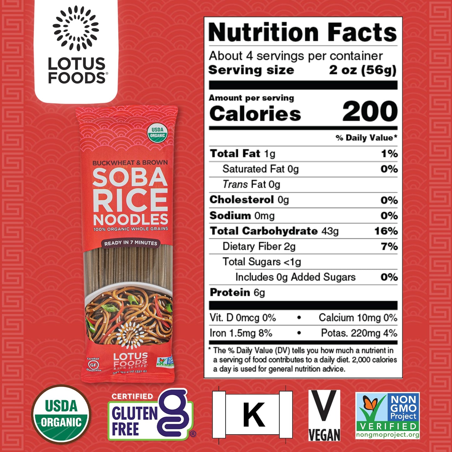 Lotus Foods Organic Soba Rice Noodles - Organic Rice Noodles, Asian Noodles, Rice Noodles Gluten Free, Brown Rice & Buckwheat Fl