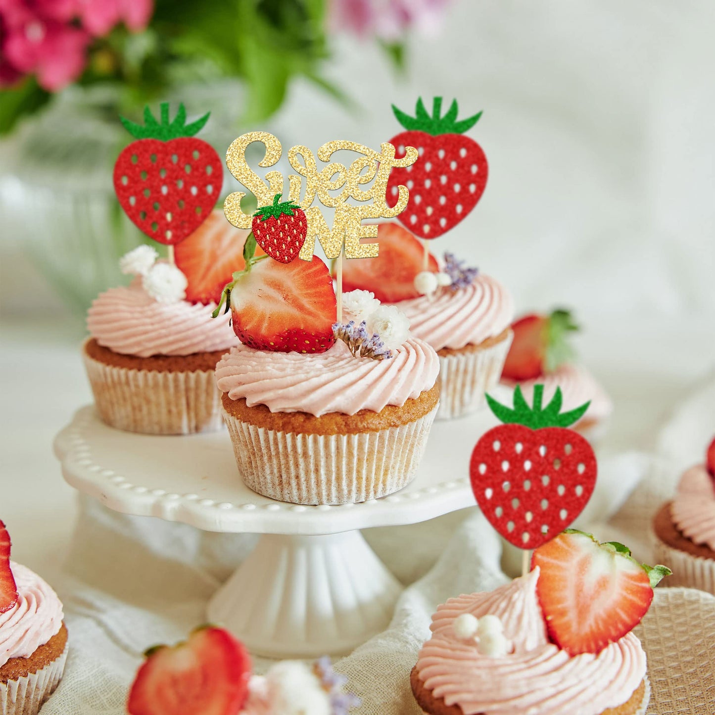 24Pcs Strawberry Sweet One Cupcake Toppers Glitter First Birthday Strawberry Cupcake Picks For Fruit Theme Baby Shower Kids 1St