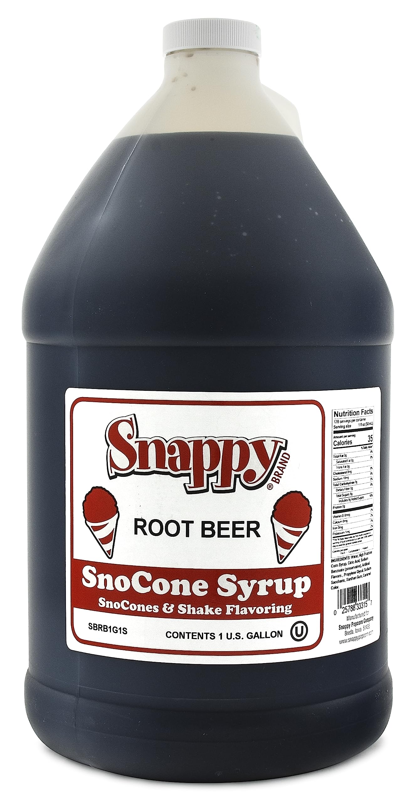 SNAPPY Sno Cone Syrup, Root Beer Flavor, 1 Gallon (128 Fl Oz), Ready to Use for Snow Cone Machines, Model 33305GA