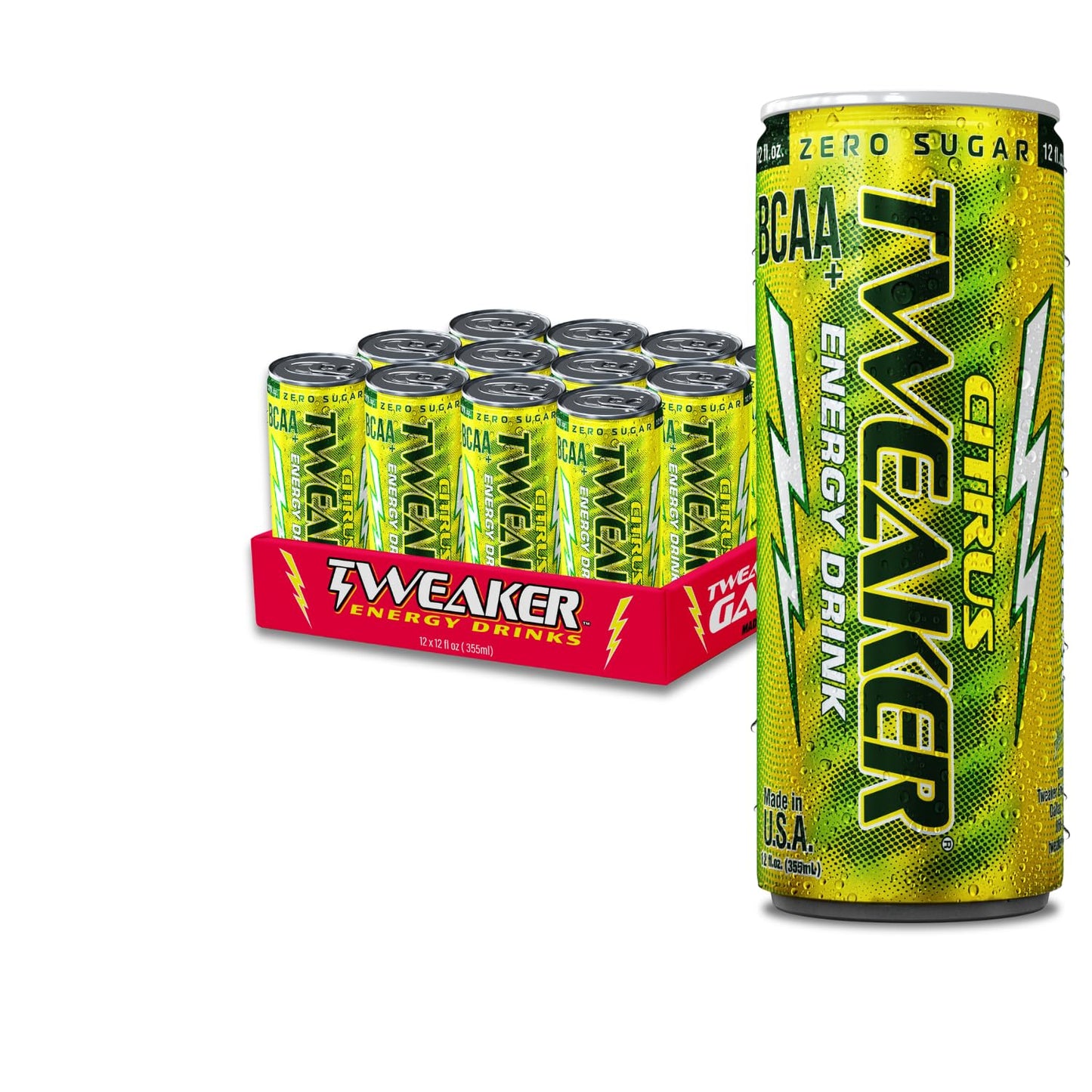 Tweaker Energy Drink Pre Workout, Sugar Free, Low Calorie, 110 mg Caffeine, 12 oz, Pack of 12, Citrus Flavor