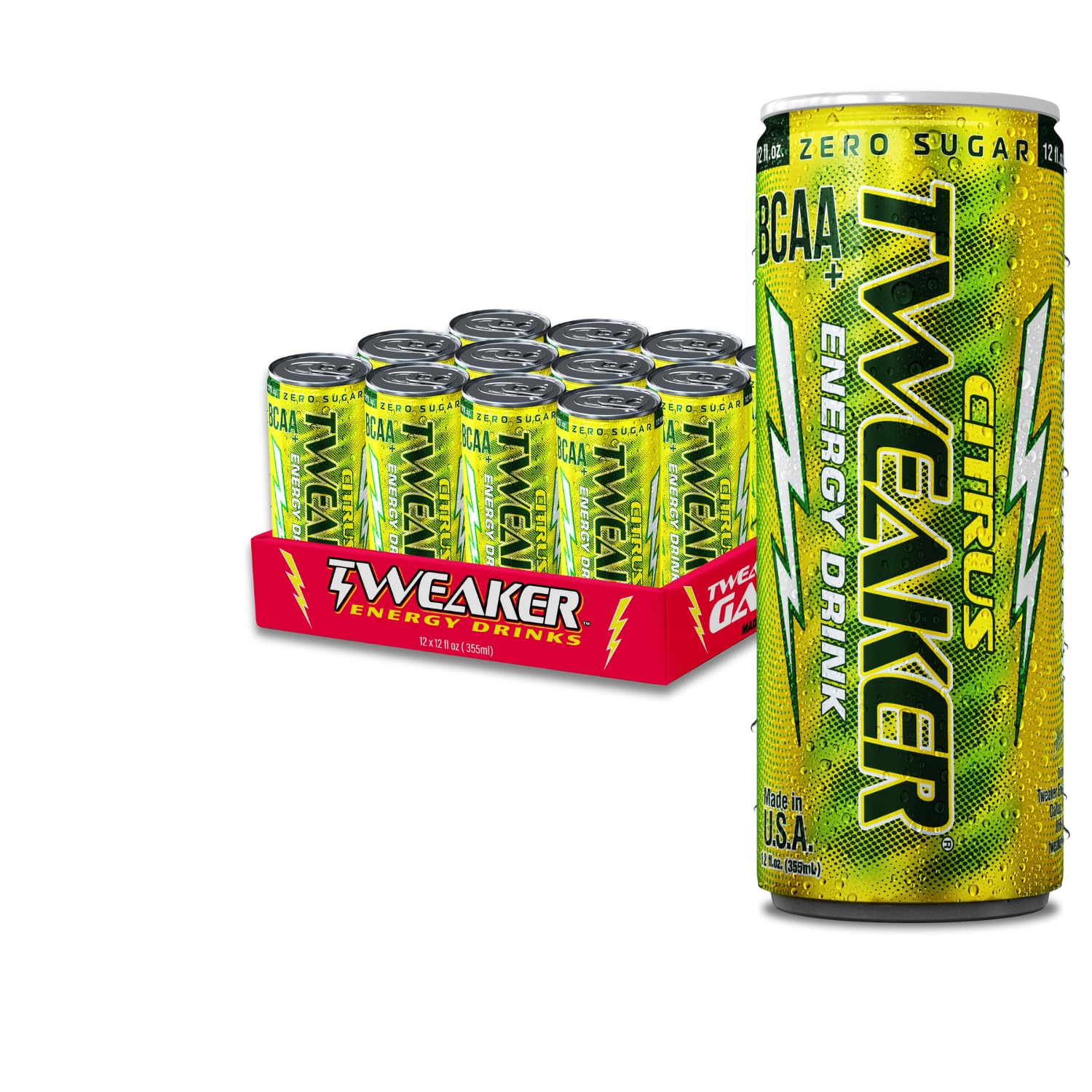 Tweaker Energy Drink Pre Workout, Sugar Free, Low Calorie, 110 mg Caffeine, 12 oz, Pack of 12, Citrus Flavor