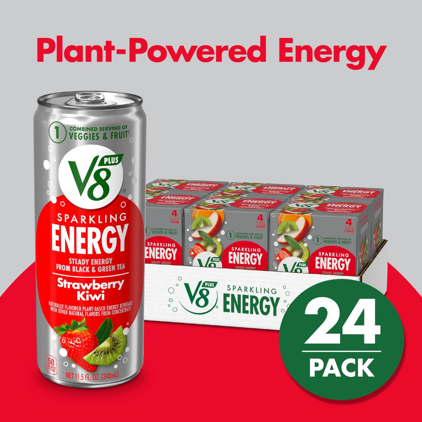 V8 +ENERGY Strawberry Kiwi Energy Drink, Pack of 24 (11.5 Fl Oz), Made with Real Juices, Model 200000027624