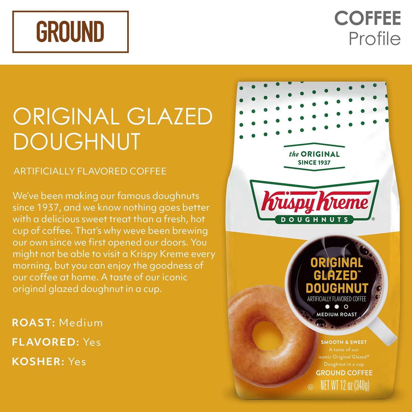 Krispy Kreme Doughnuts Original Glazed Donut Ground Coffee, Bagged 12oz (Pack of 2)