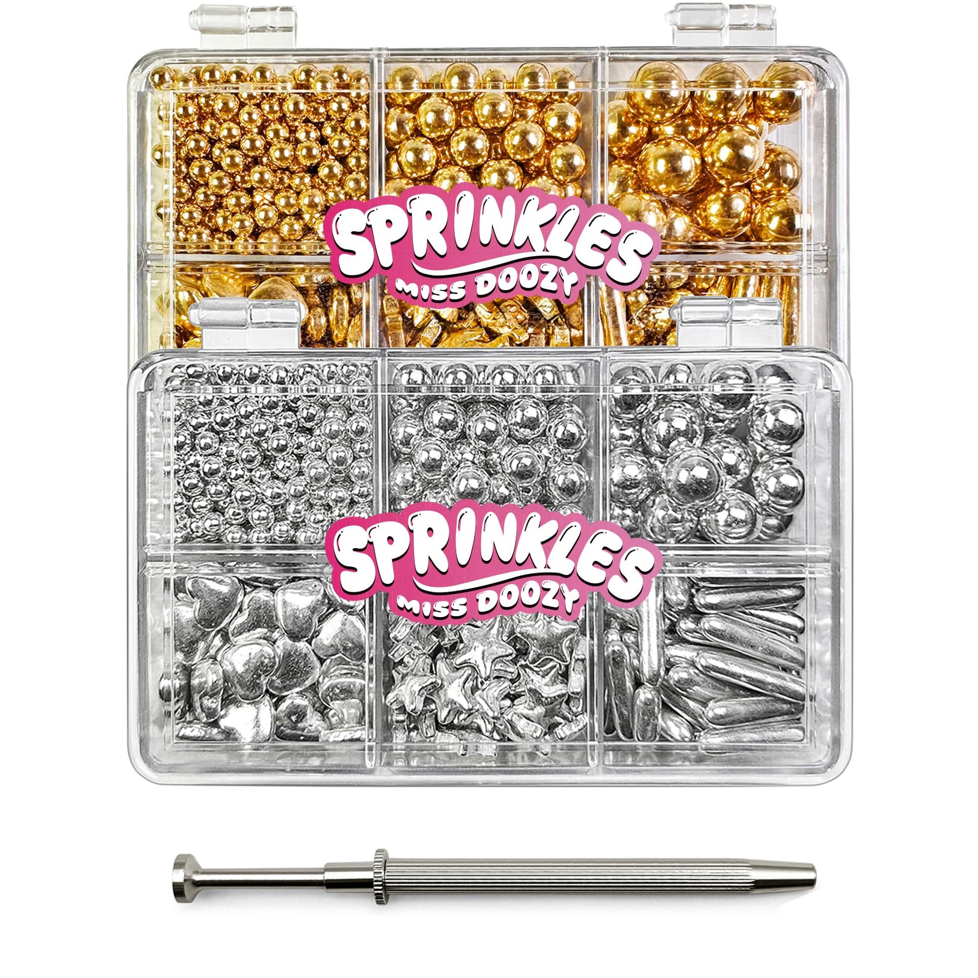 Gold Sprinkles and Sliver Sprinkles 2 Pack with 4-Claw Pick up Tool, 13oz Pearl Sprinkles Mix Size for Baking, Cupcake, Cookie, 