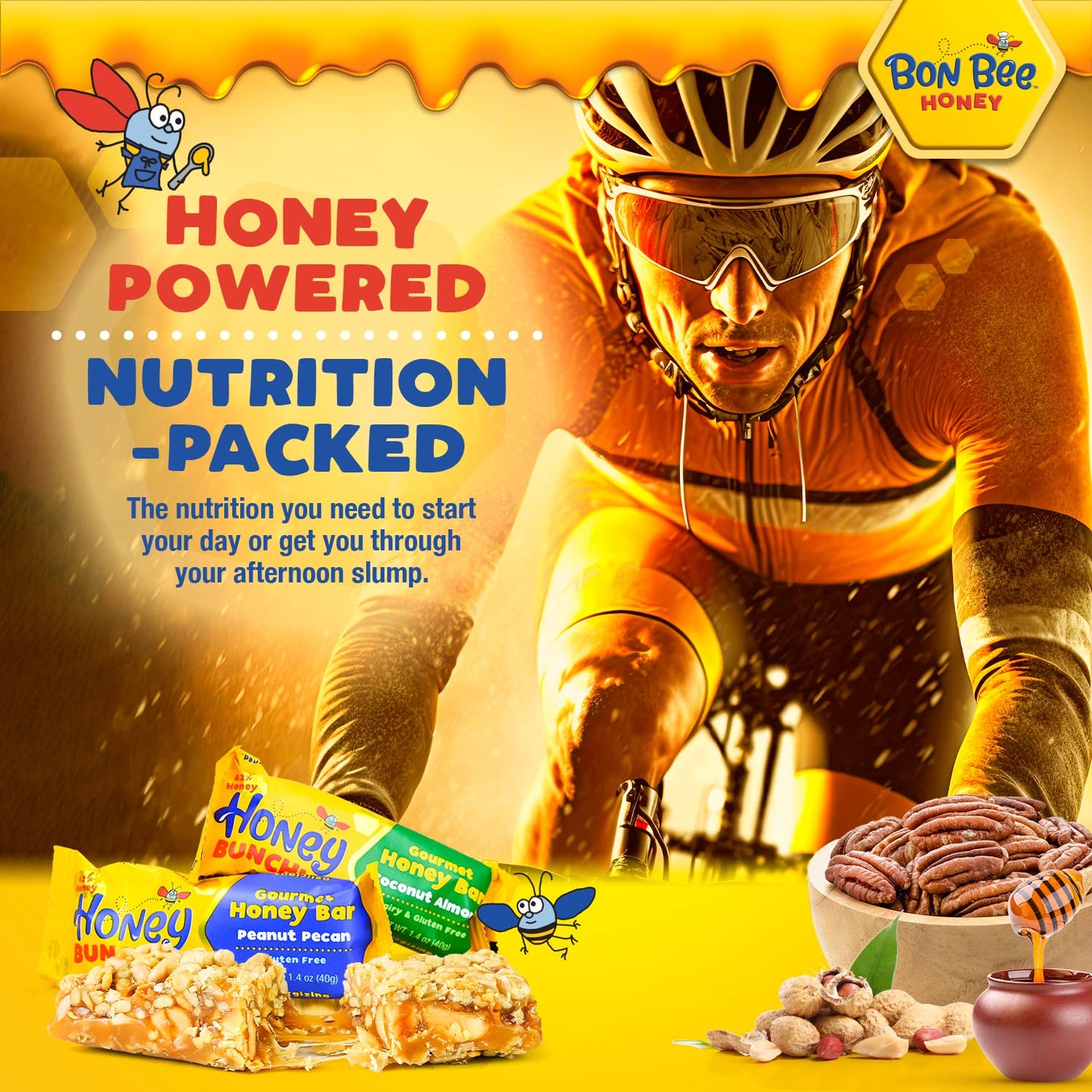Bon Bee Honey Bunchies All Natural Honey Bar - Natural Breakfast & Nutrition Bars For Healthy Energy & Fuel - Variety Of Delicious Highlights & Perfectly Balanced, 4-1.4Oz Bars