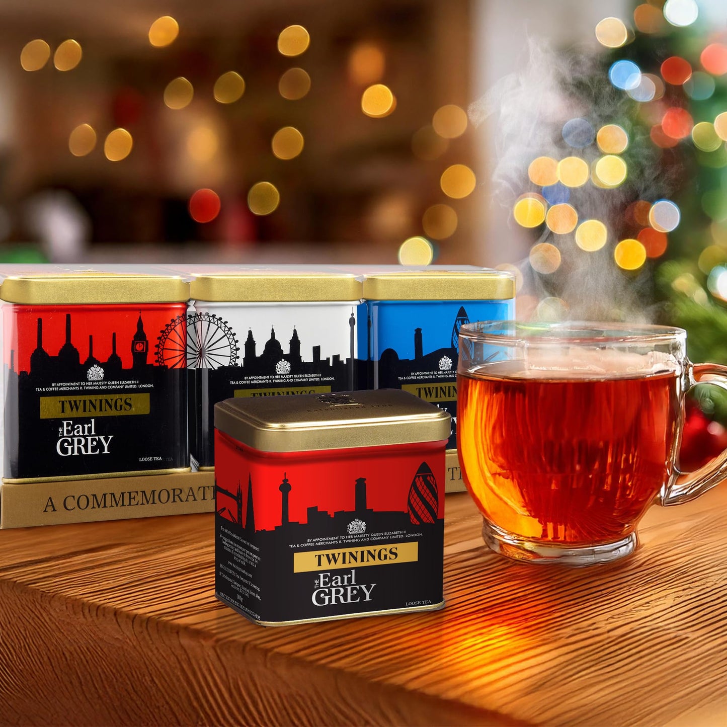 Twinings London Skyline Red, White, & Blue Commemorative Collection Of Loose Leaf Teas, Limited Edition Gift Set, 100G Tins (Pack Of 3), Original English Breakfast, The Earl Grey, & Lady Grey Tins