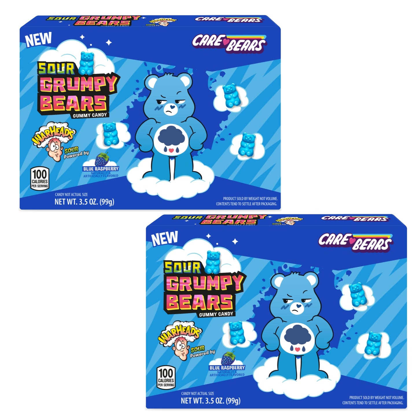 Warheads Care Bears - Sour Grumpy Bears - Blue Raspberry Flavor - 3.5 oz. Theater Boxes - 2 Pack