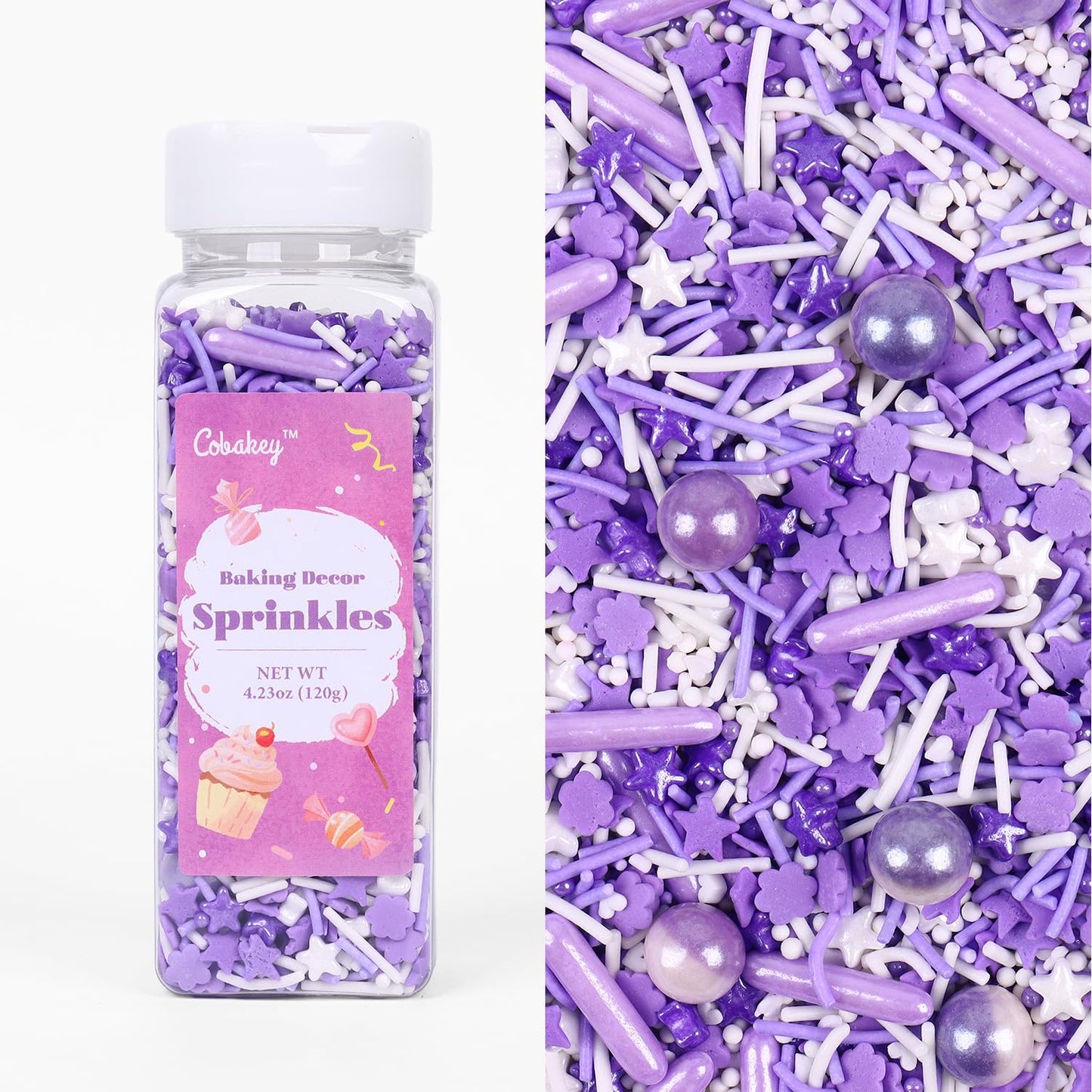 Purple Sprinkles For Cake Decorating 4.23Ounce - Sugar Mix Contains Star & Pearl Sprinkles For Cupcake Toppers, Ice Cream, Candy