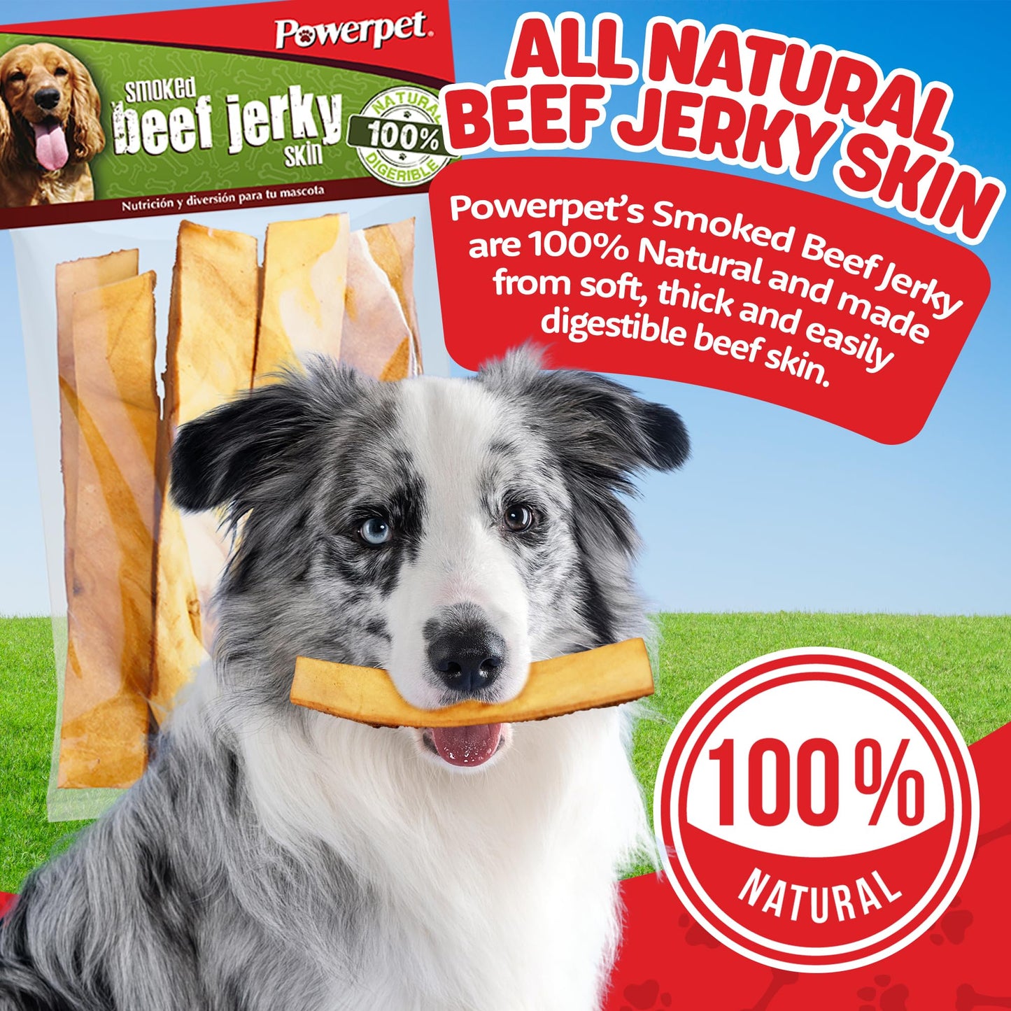 Powerpet Natural Smoked Beef Jerky Skin for Dogs - High Protein, Grain-Free Chews - 8oz Bag